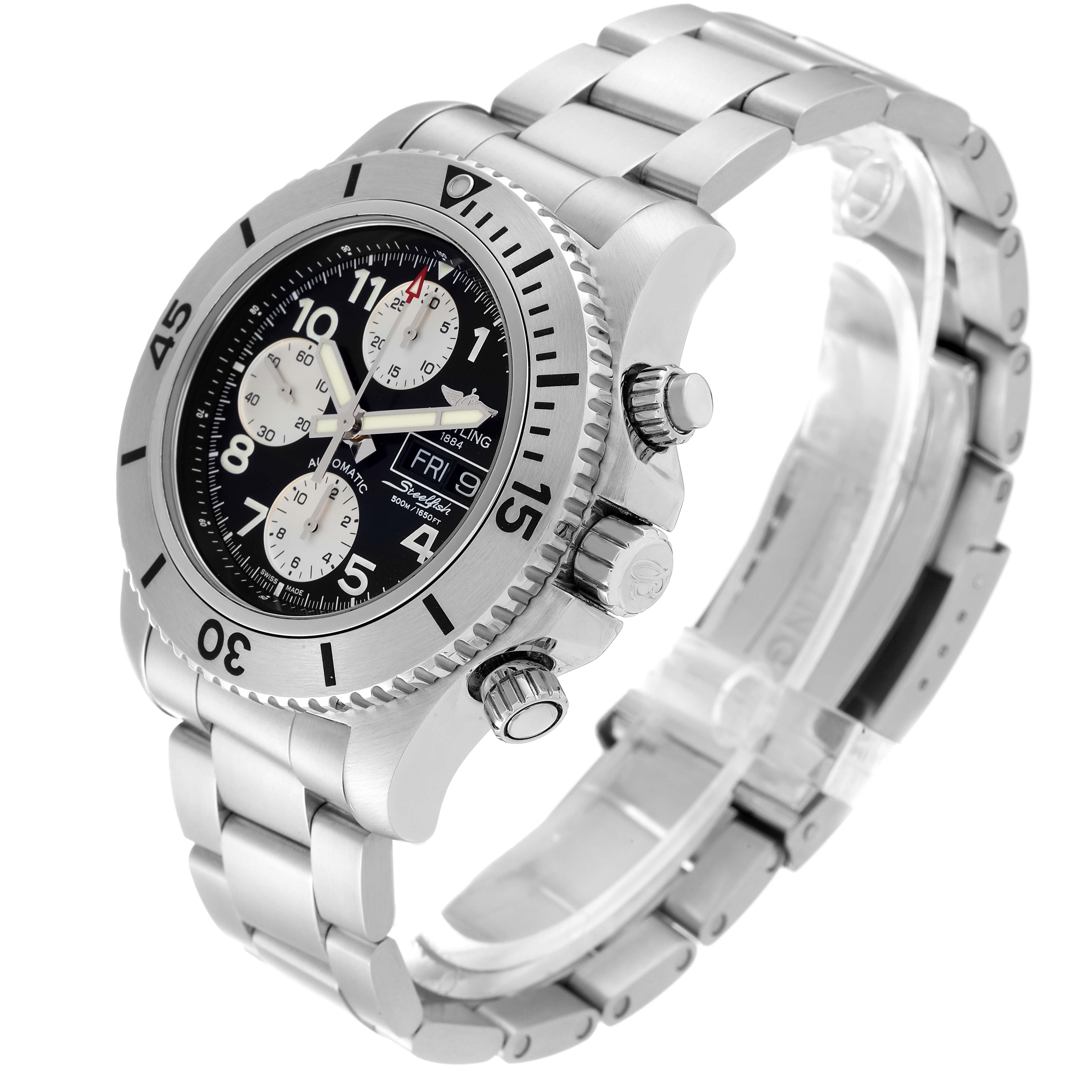 This image of a Breitling Superocean A13341C3/BD19 Men's Stainless Steel Black Dial A13341C3/BD19 Men's Stainless Steel Black Dial watch is taken from an angle showing the face, bezel, crown, and bracelet in clear detail.