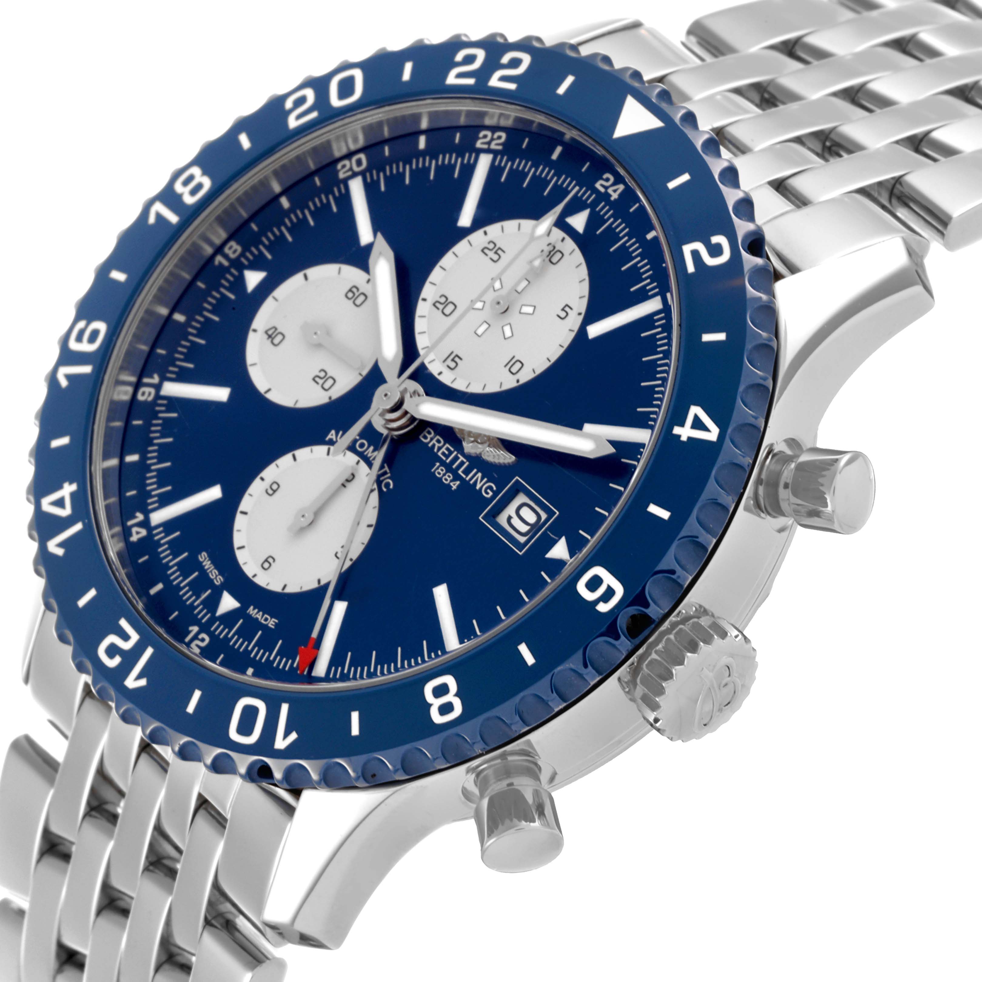 The Breitling Chronoliner Y24310 Men's Stainless Steel Blue Dial Y24310 Men's Stainless Steel Blue Dial watch is shown at a slight angle, displaying the blue bezel, chronograph dials, and stainless steel bracelet.