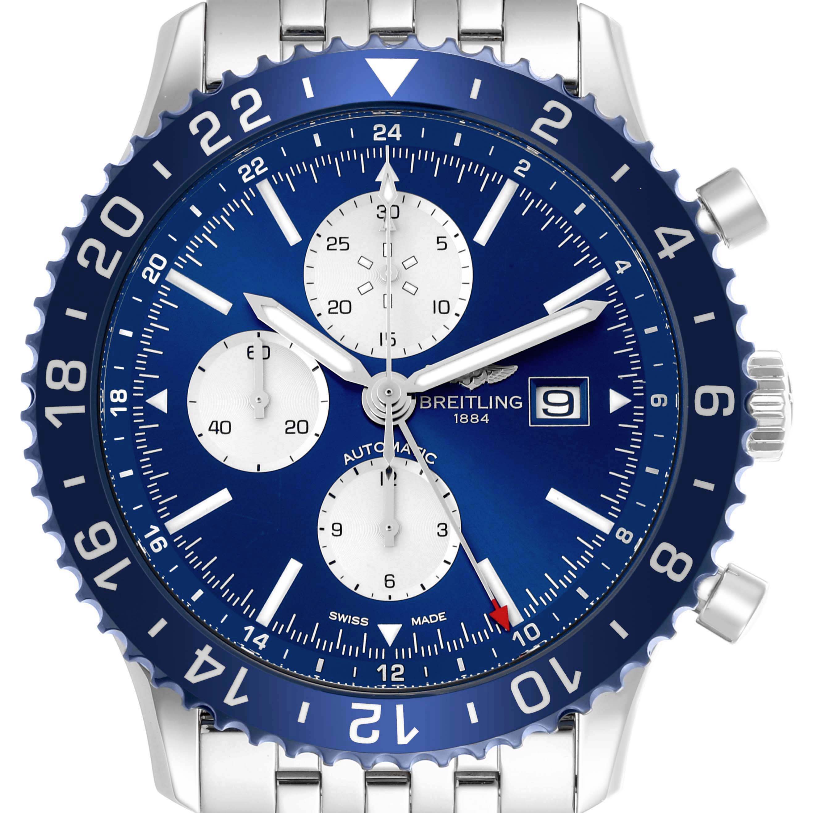 The Breitling Chronoliner Y24310 Men's Stainless Steel Blue Dial Y24310 Men's Stainless Steel Blue Dial watch is shown from a front angle, displaying its blue dial, bezel, subdials, and date window.