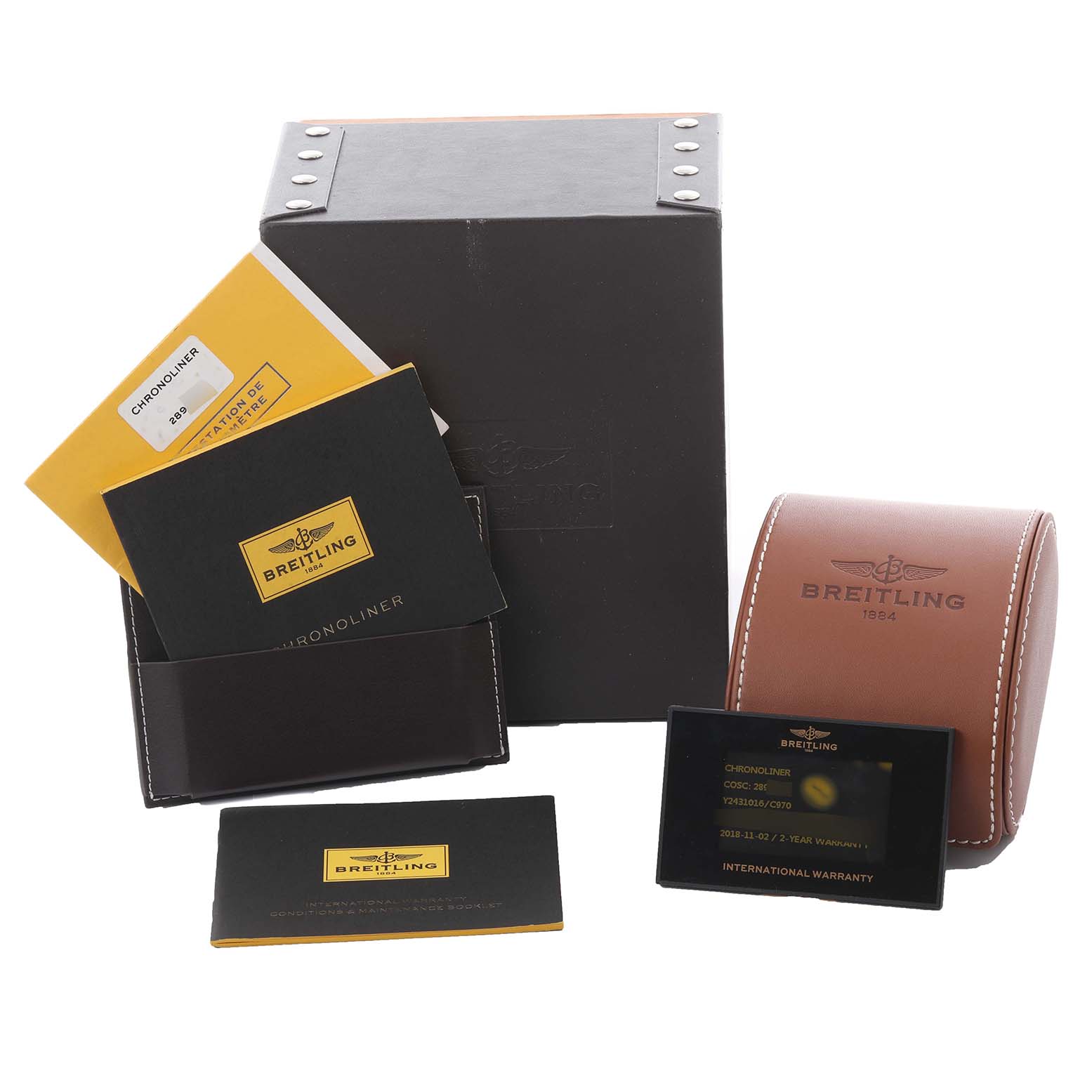 The image shows the packaging and accessories for the Breitling Chronoliner Y24310 Men's Stainless Steel Blue Dial Y24310 Men's Stainless Steel Blue Dial, including boxes, a case, warranty card, and manuals.