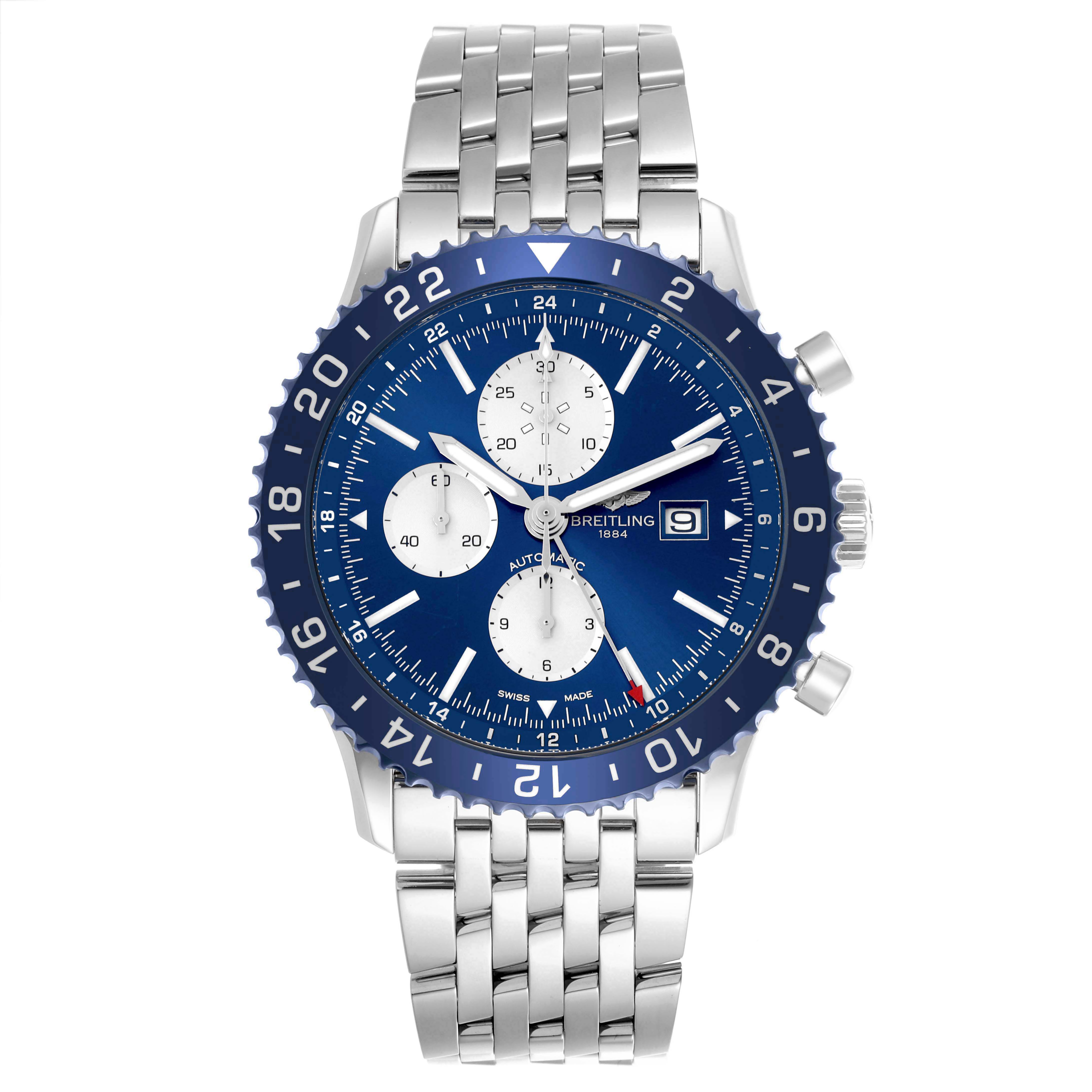 The Breitling Chronoliner Y24310 Men's Stainless Steel Blue Dial Y24310 Men's Stainless Steel Blue Dial watch is shown from a front angle, displaying the dial, bezel, hands, and stainless steel bracelet.