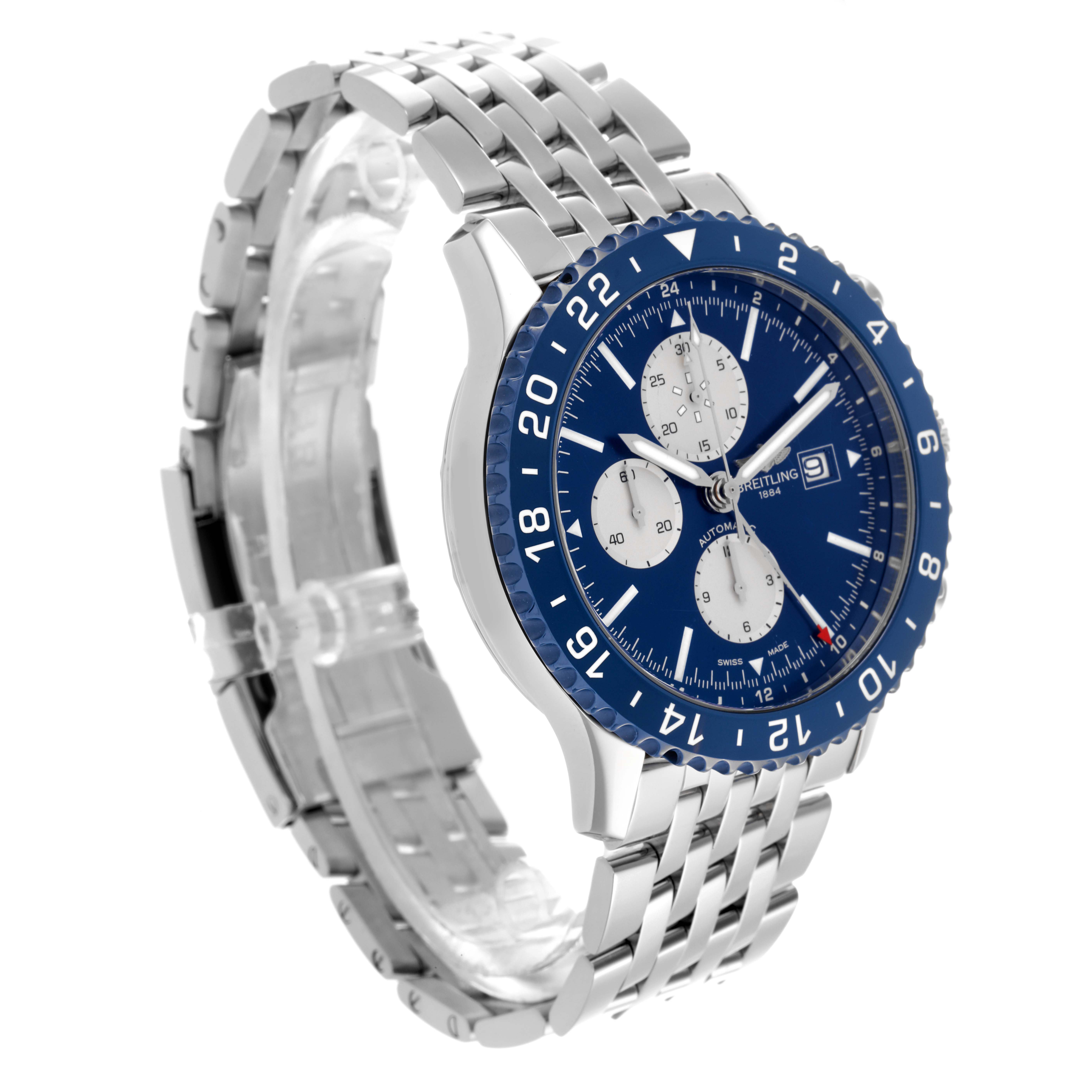 The Breitling Chronoliner Y24310 Men's Stainless Steel Blue Dial Y24310 Men's Stainless Steel Blue Dial watch is shown at a diagonal angle, highlighting the face, bezel, and bracelet links.