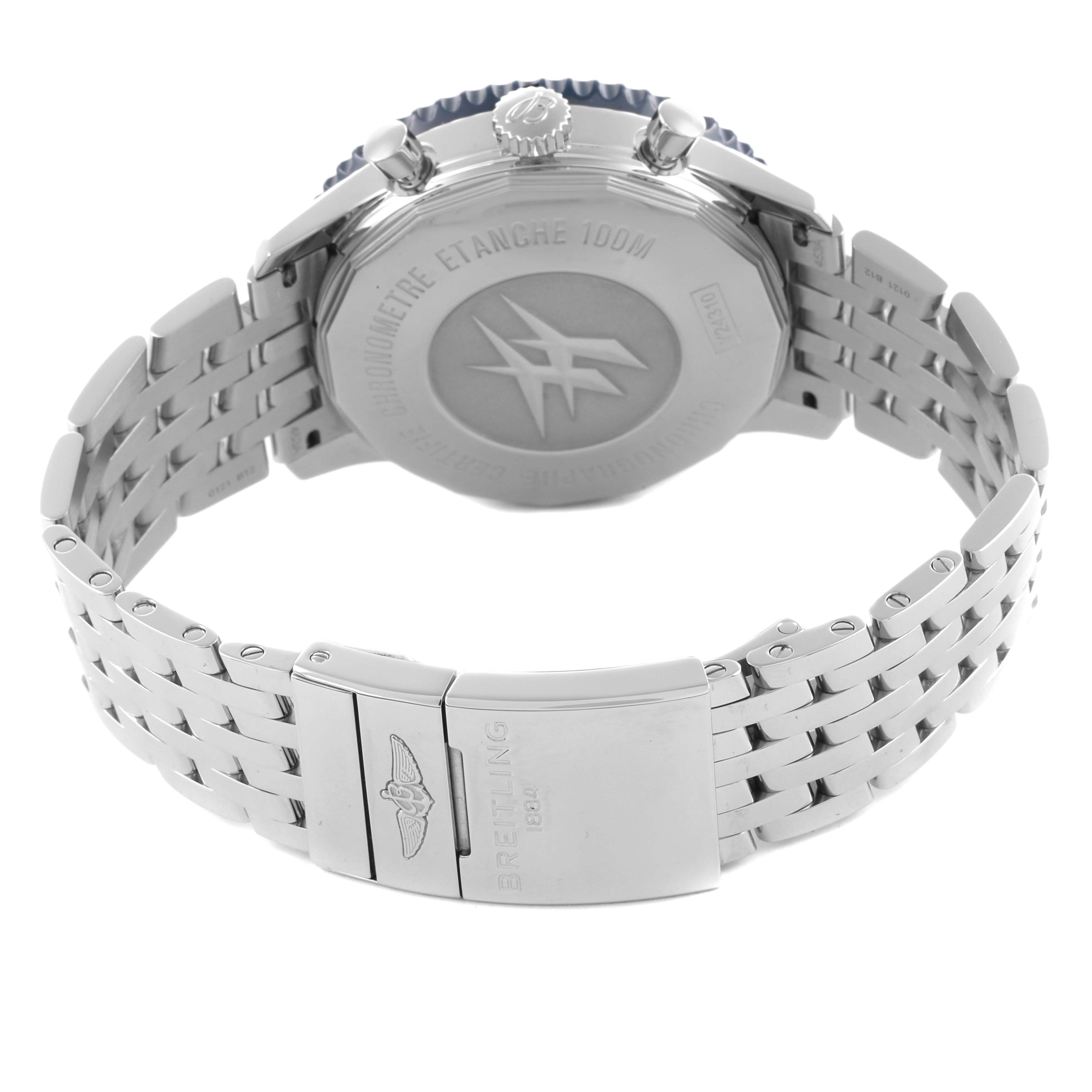 The image shows the back case, clasp, and bracelet of the Breitling Chronoliner Y24310 Men's Stainless Steel Blue Dial Y24310 Men's Stainless Steel Blue Dial watch.
