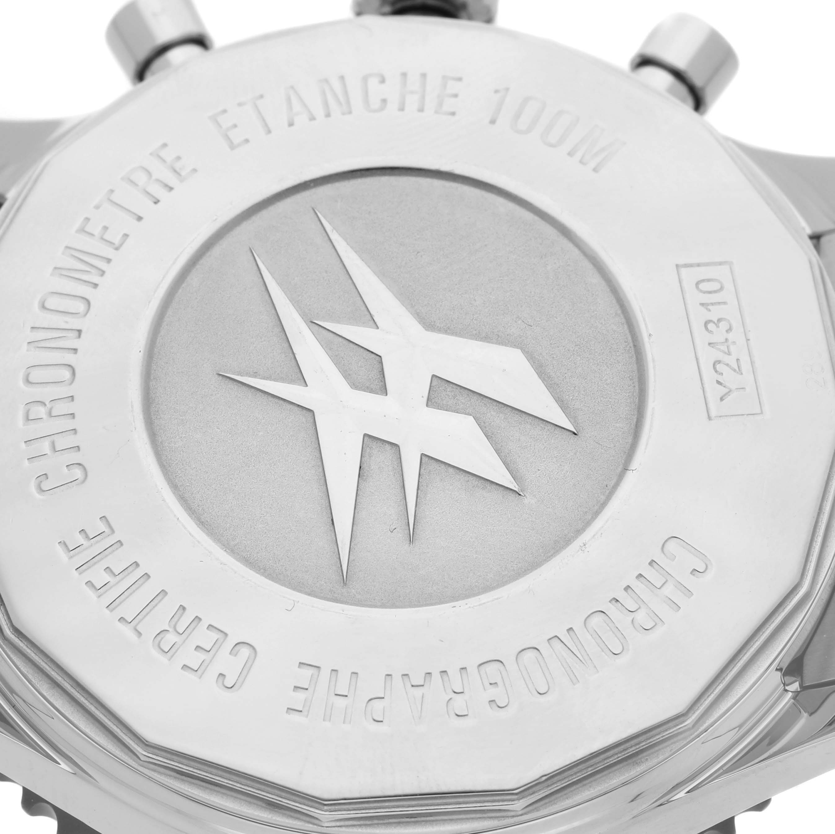 The image shows the back case of the Breitling Chronoliner Y24310 Men's Stainless Steel Blue Dial Y24310 Men's Stainless Steel Blue Dial watch, featuring engravings and the brand's logo.