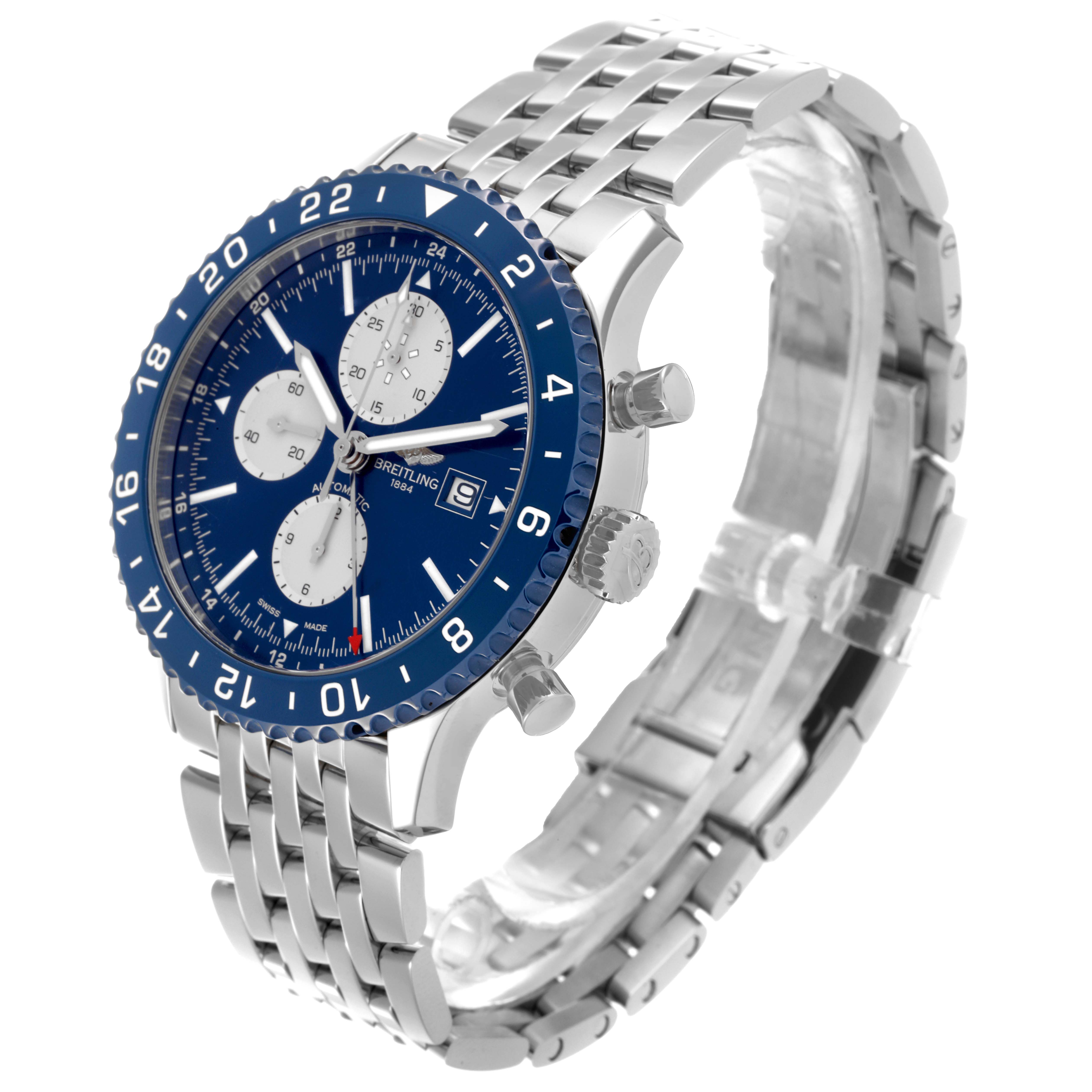 The Breitling Chronoliner Y24310 Men's Stainless Steel Blue Dial Y24310 Men's Stainless Steel Blue Dial watch is shown at an angled side view, highlighting the bezel, crown, pushers, and bracelet.