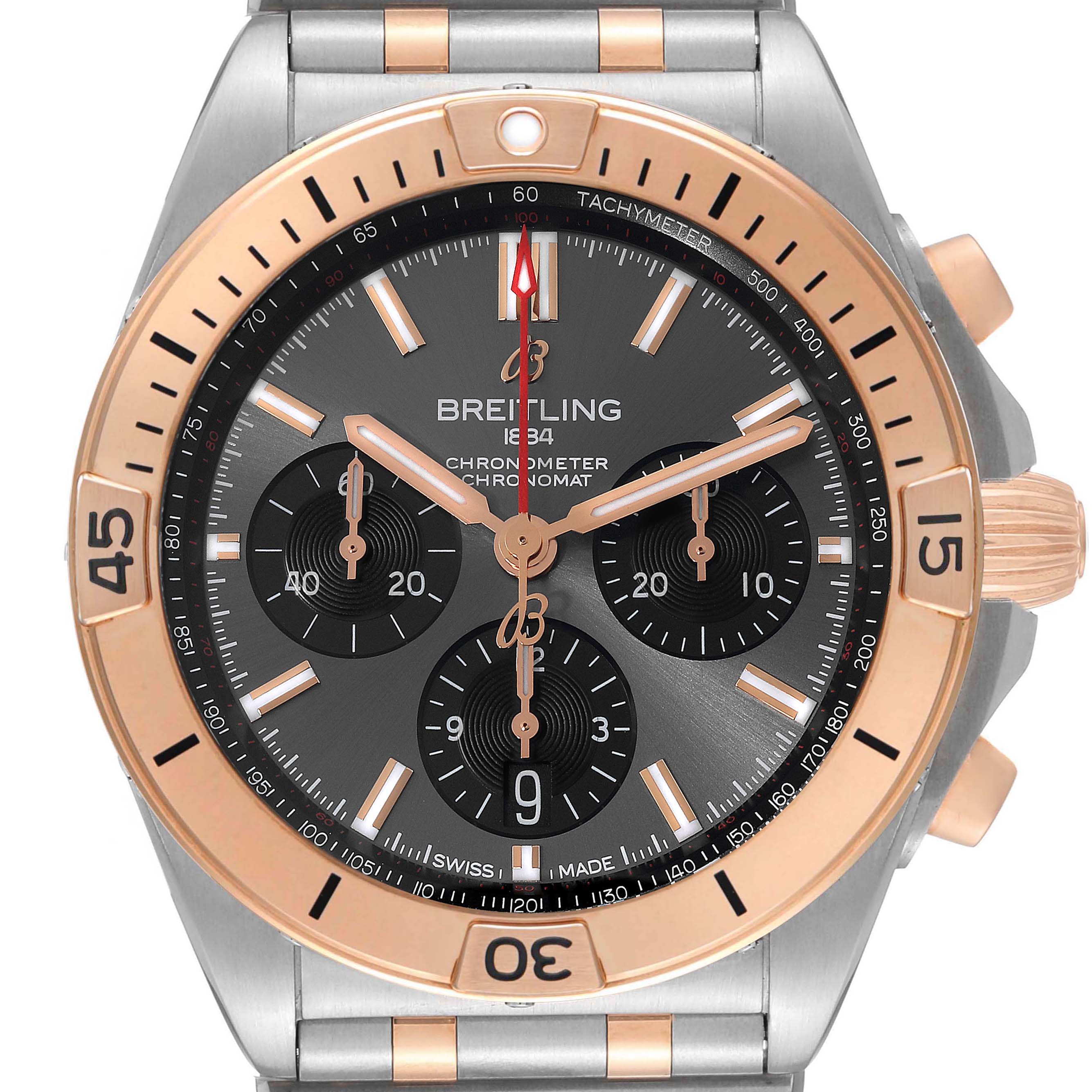 The Breitling Chronomat UB0134 Men's Steel and Gold (two tone) Grey Dial UB0134 Men's Steel and Gold (two tone) Grey Dial watch is shown from a top-down angle, highlighting the bezel, dial, hands, and chronograph subdials.