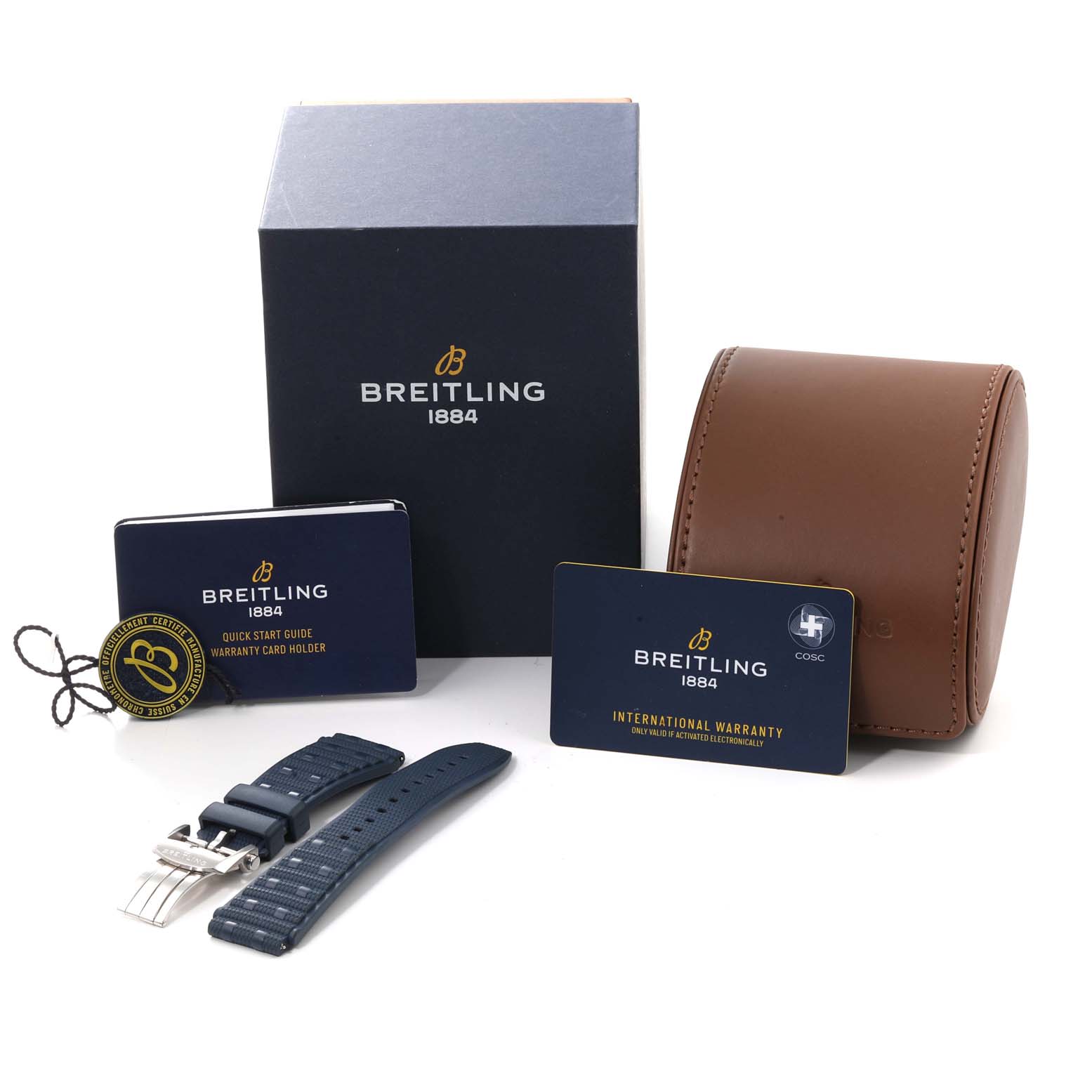 This image shows Breitling Chronomat UB0134 Men's Steel and Gold (two tone) Grey Dial UB0134 Men's Steel and Gold (two tone) Grey Dial watch accessories including a box, travel case, warranty cards, tag, and additional straps.