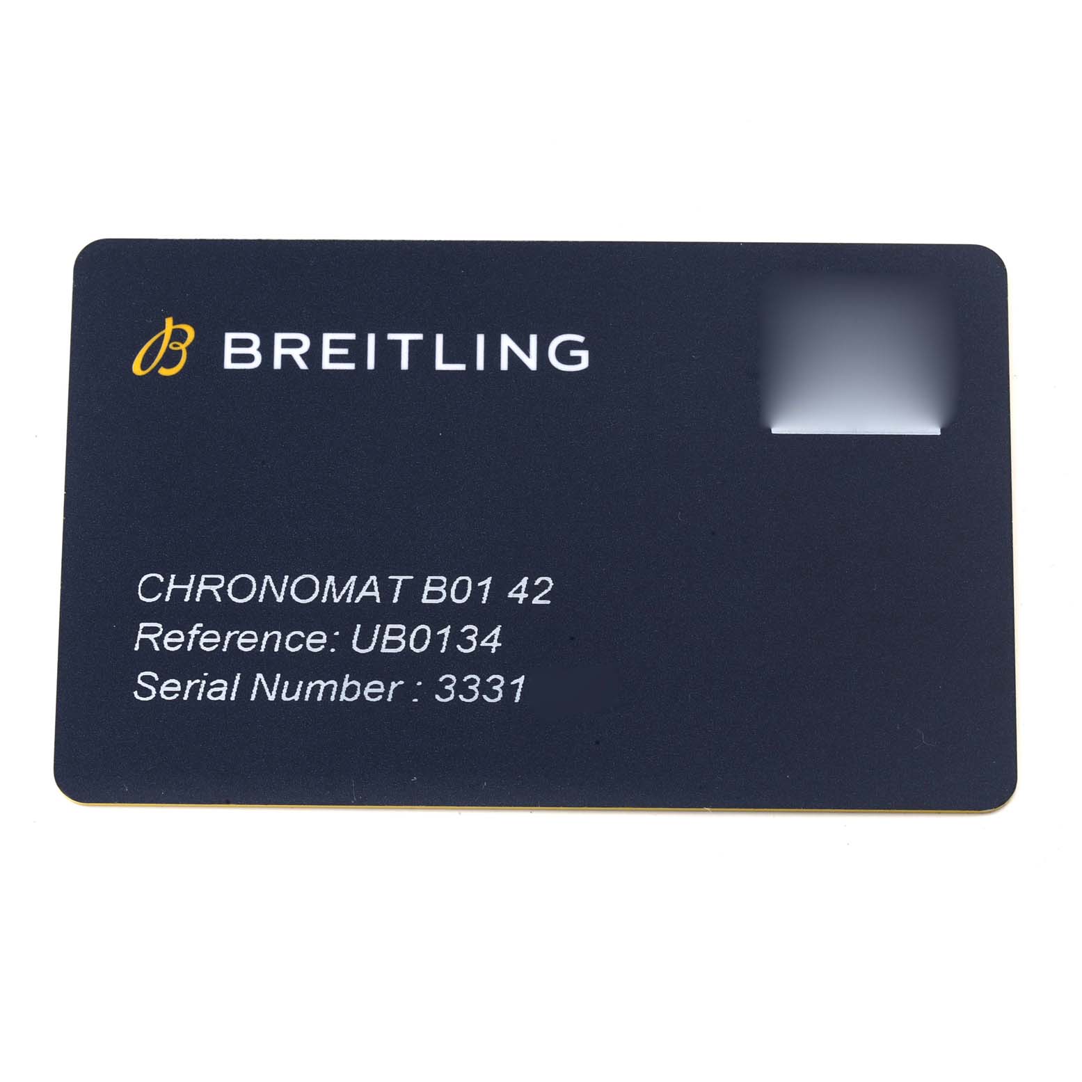 The image shows a Breitling Chronomat UB0134 Men's Steel and Gold (two tone) Grey Dial UB0134 Men's Steel and Gold (two tone) Grey Dial B01 42 information card, displaying the reference and serial number.