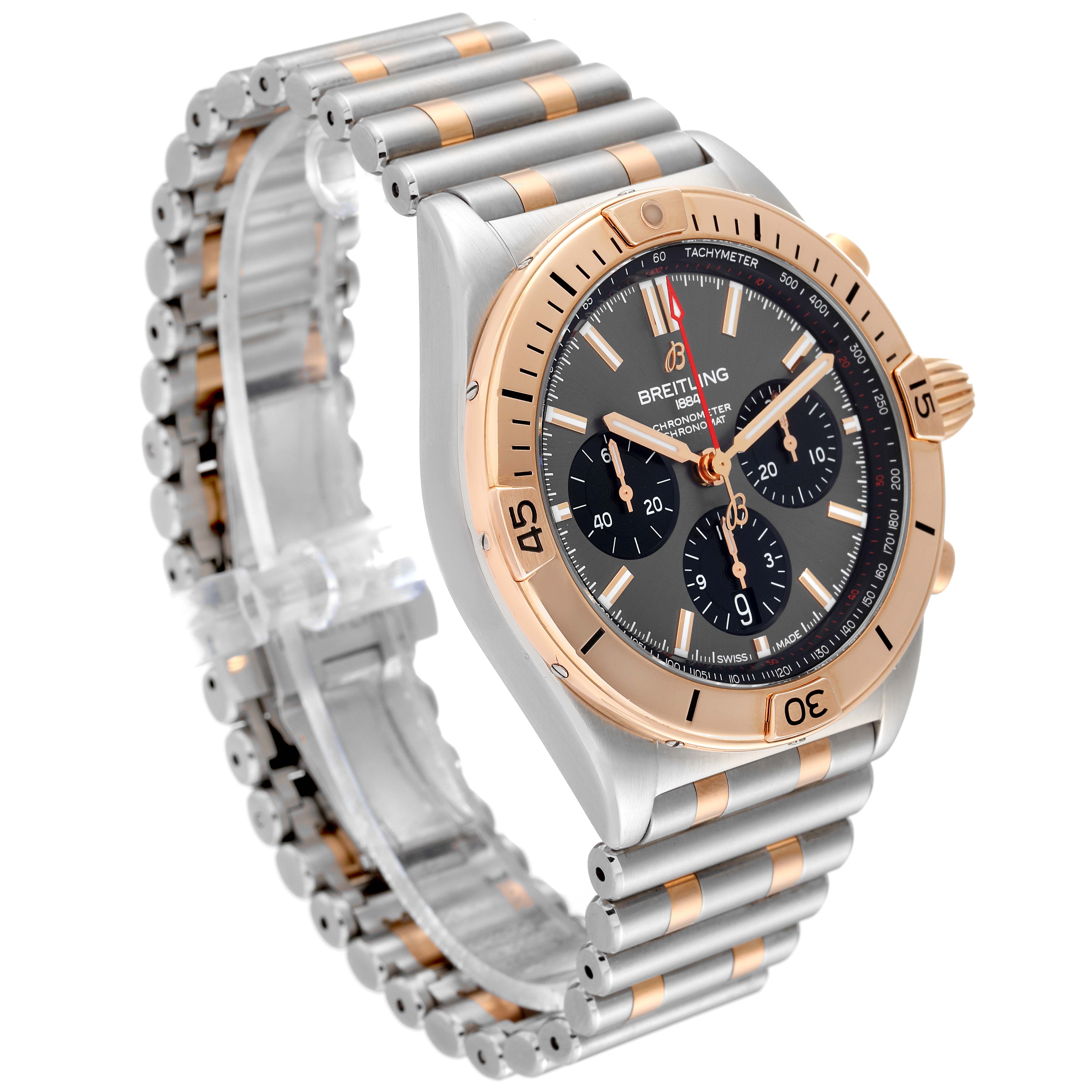 This image shows a Breitling Chronomat UB0134 Men's Steel and Gold (two tone) Grey Dial UB0134 Men's Steel and Gold (two tone) Grey Dial watch at a three-quarter angle, highlighting the bezel, dial, bracelet, and chronograph subdials.