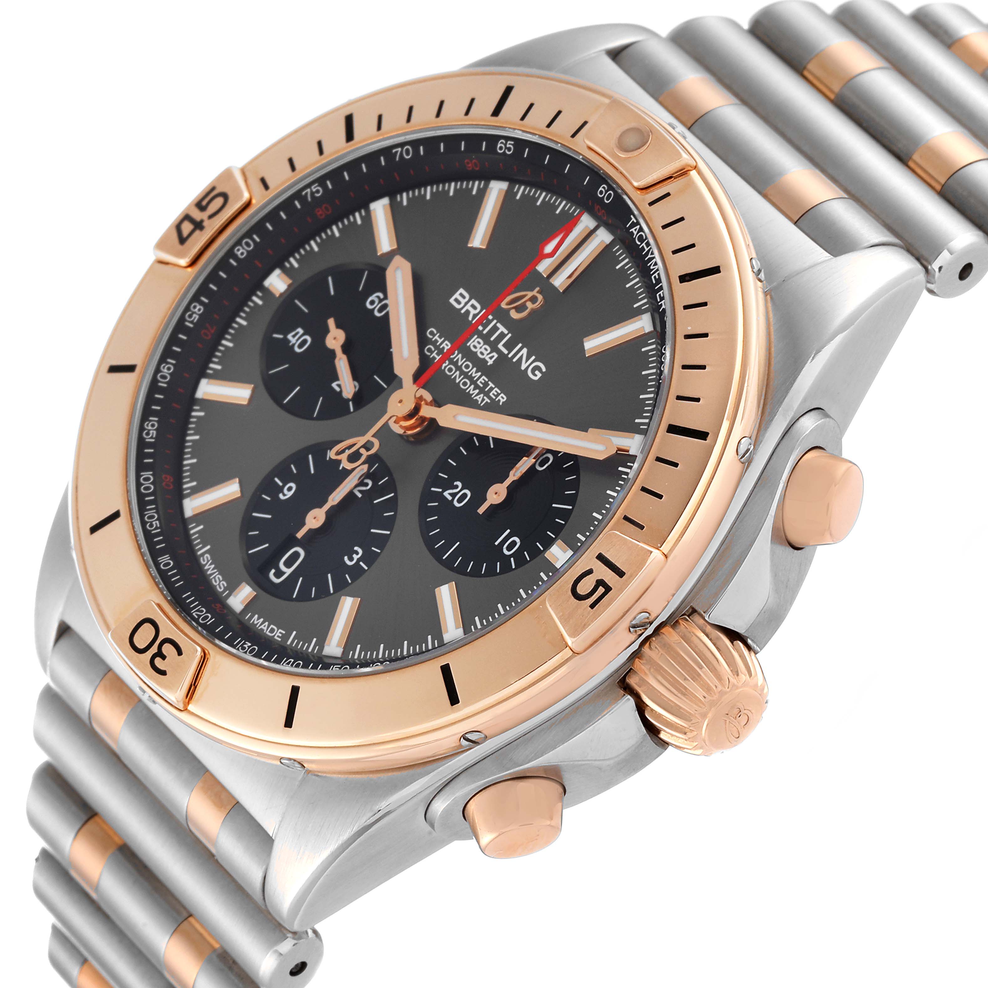 The image shows a Breitling Chronomat UB0134 Men's Steel and Gold (two tone) Grey Dial UB0134 Men's Steel and Gold (two tone) Grey Dial watch at a slight angle, displaying the bezel, dial, chronograph subdials, crown, and bracelet.