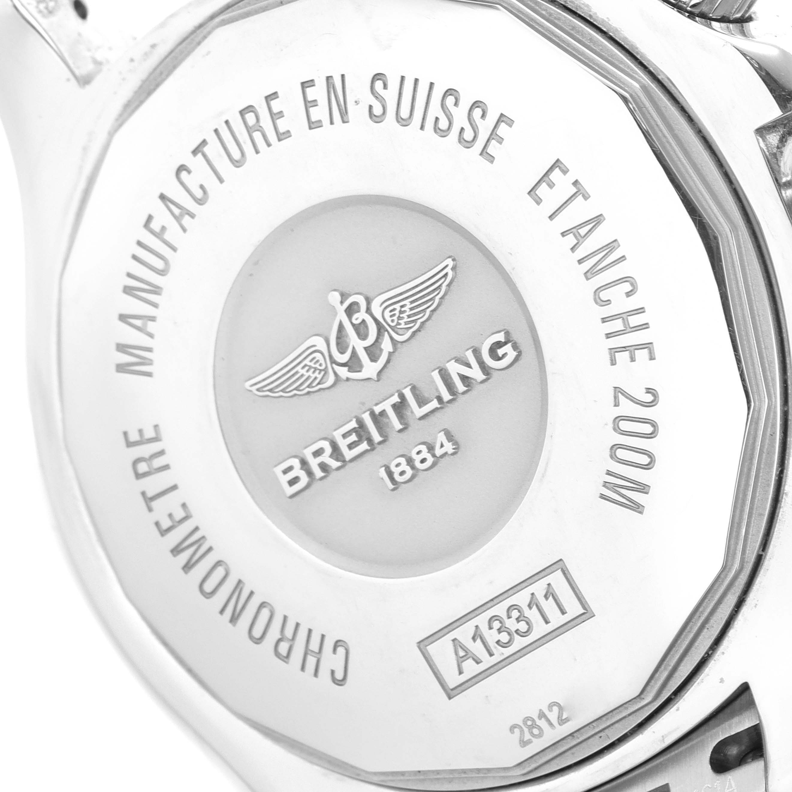 This image shows the back case of the Breitling Superocean A13311 Men's Stainless Steel Blue Dial A13311 Men's Stainless Steel Blue Dial watch, featuring brand engravings and model details.