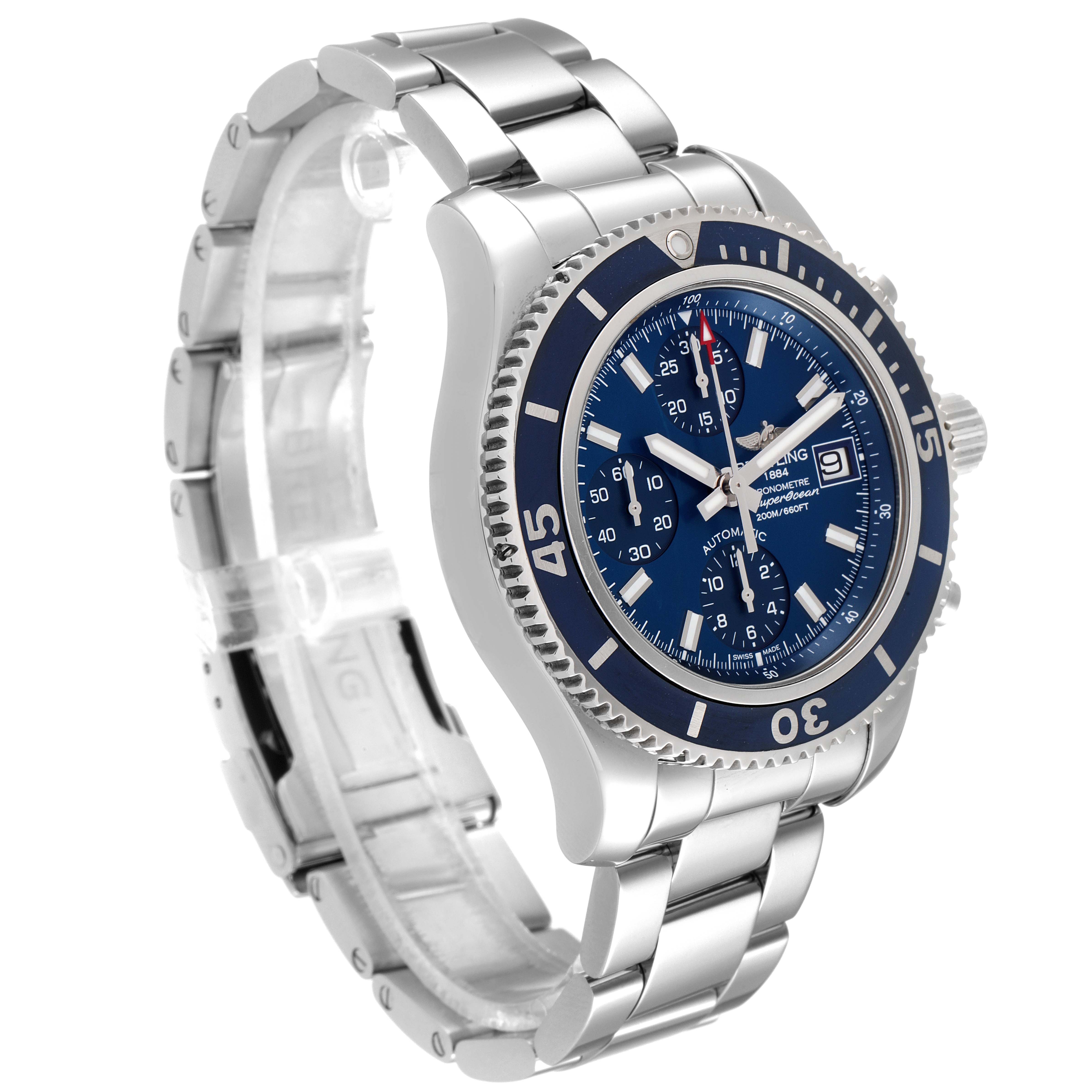 The image shows a side angle of a Breitling Superocean A13311 Men's Stainless Steel Blue Dial A13311 Men's Stainless Steel Blue Dial watch, highlighting its blue dial, bezel, and stainless steel bracelet.