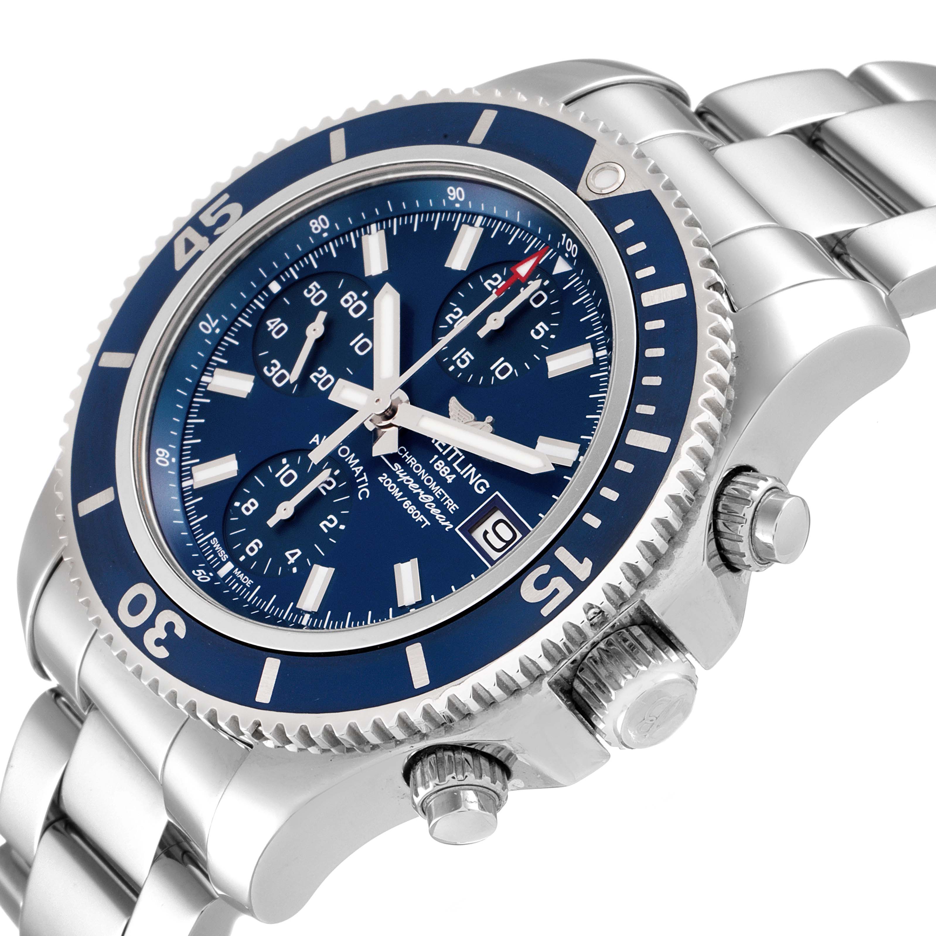The image shows a Breitling Superocean A13311 Men's Stainless Steel Blue Dial A13311 Men's Stainless Steel Blue Dial watch from an angled side view, highlighting the dial, bezel, crown, and subdials.