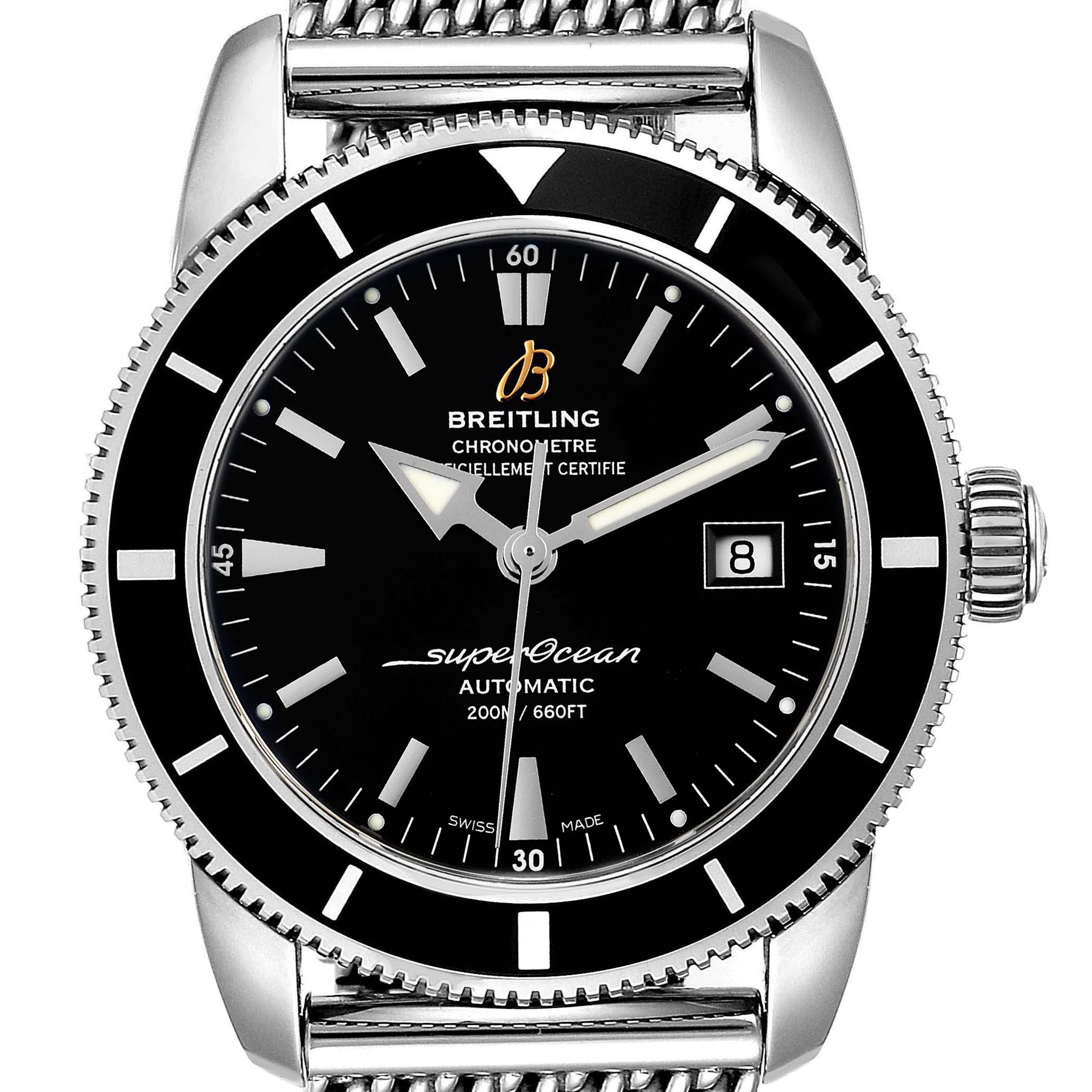 The image shows a front view of the Breitling Superocean A17321 Men's Stainless Steel Black Dial A17321 Men's Stainless Steel Black Dial watch, highlighting its dial, bezel, and part of the bracelet.