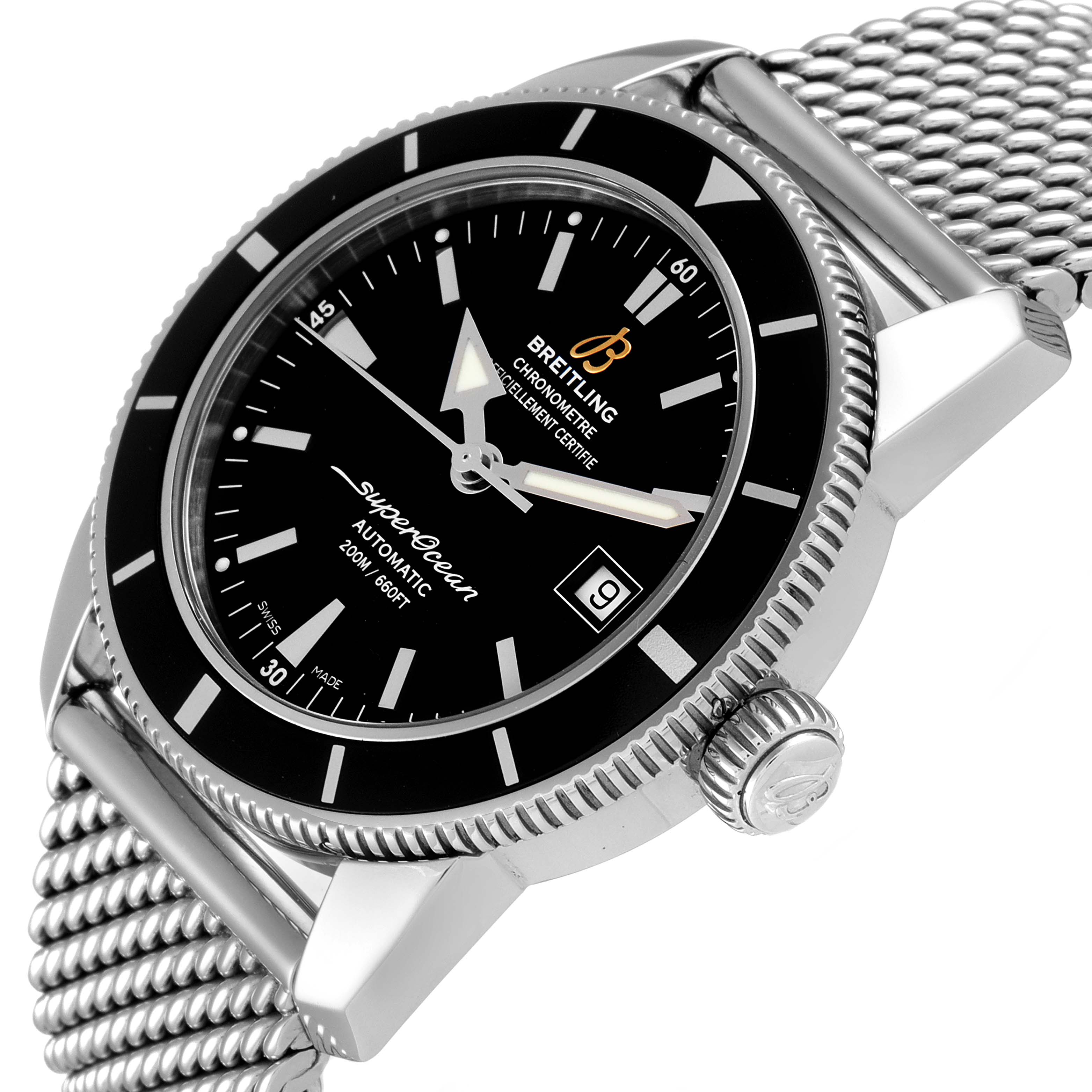 This image showcases a Breitling Superocean A17321 Men's Stainless Steel Black Dial A17321 Men's Stainless Steel Black Dial watch at an angle that displays the face, crown, bezel, and part of the metal bracelet.