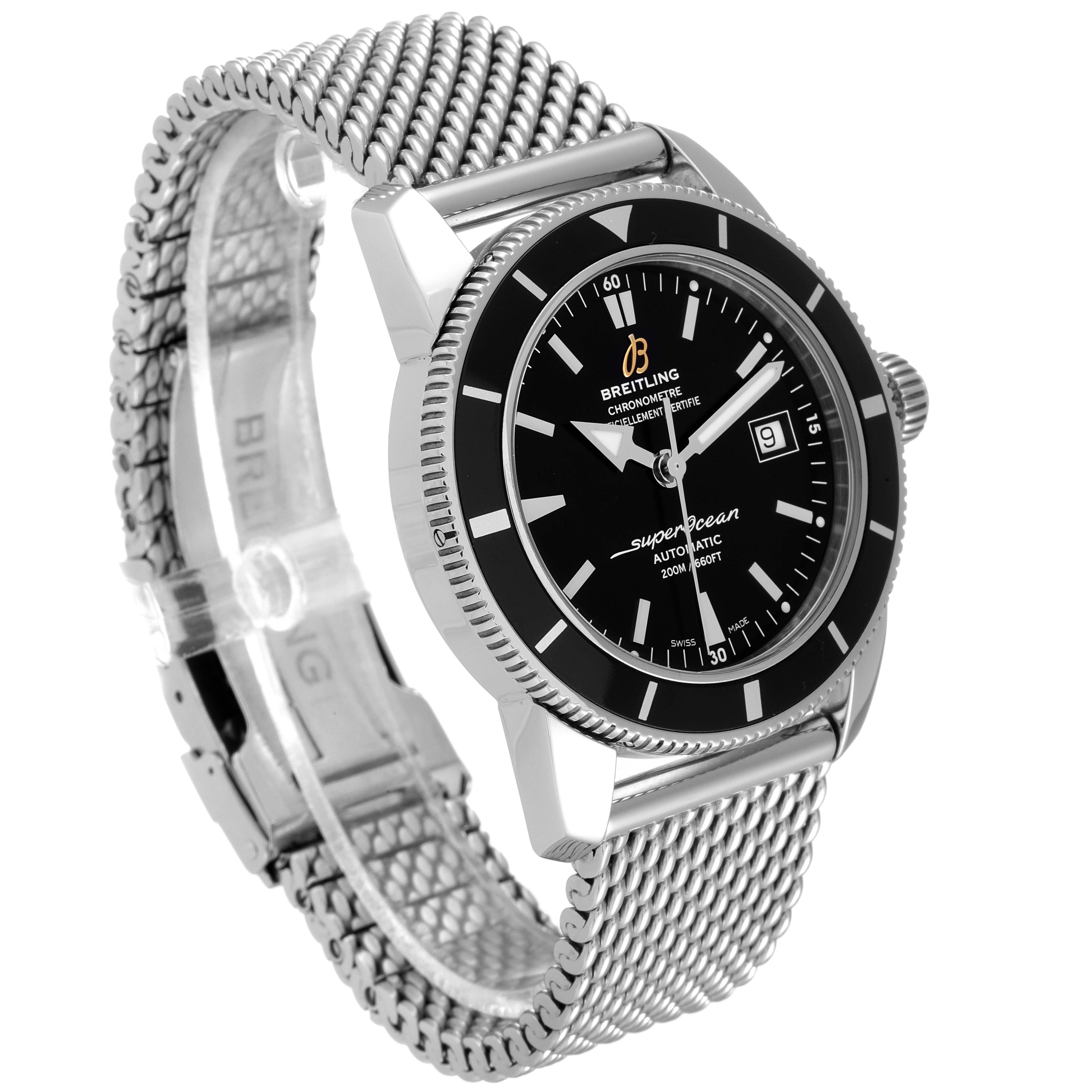 The Breitling Superocean A17321 Men's Stainless Steel Black Dial A17321 Men's Stainless Steel Black Dial watch is shown at a 3/4 angle, displaying its face, bezel, case, and mesh bracelet.