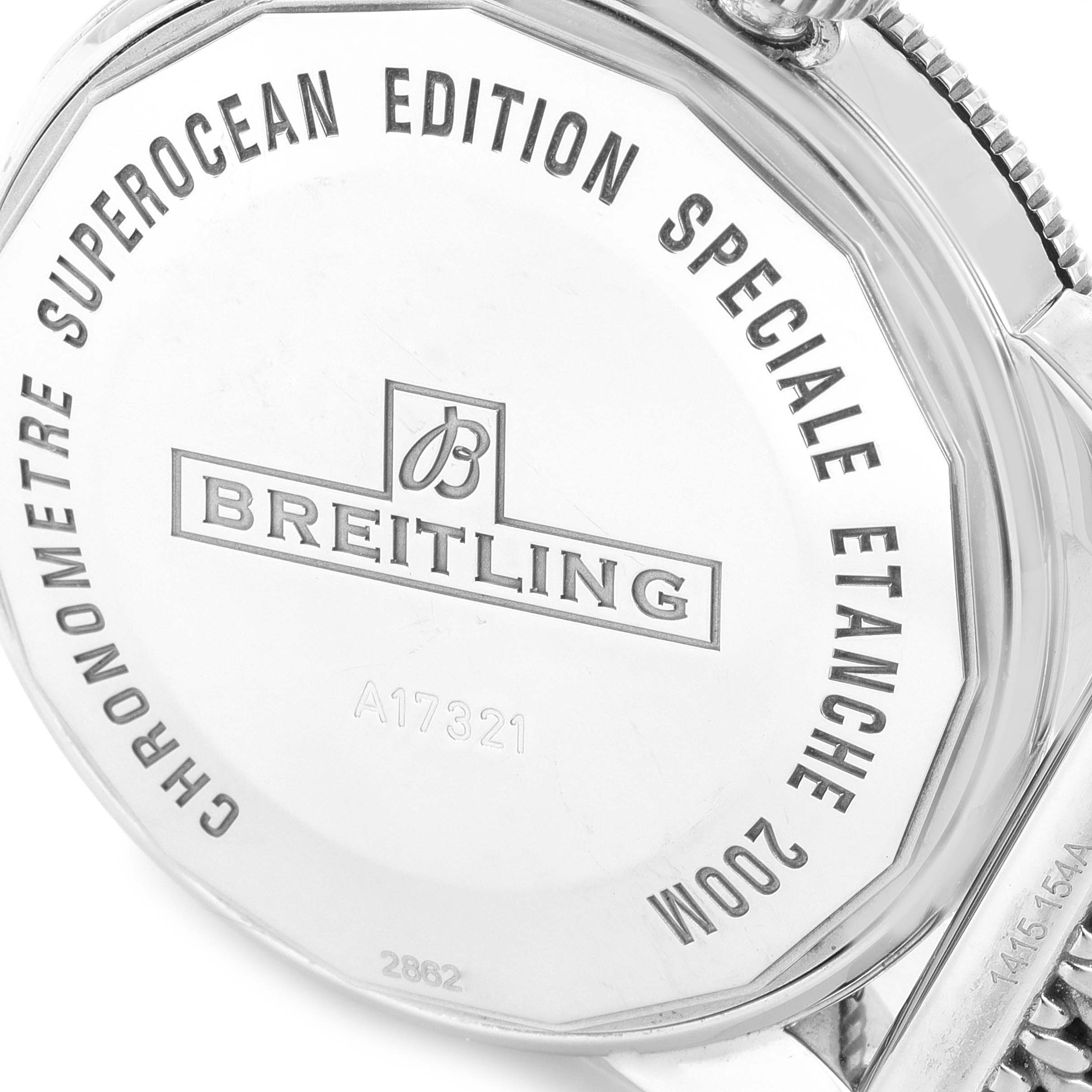 The image shows the back case of a Breitling Superocean A17321 Men's Stainless Steel Black Dial A17321 Men's Stainless Steel Black Dial watch, highlighting the brand, model, and specifications.