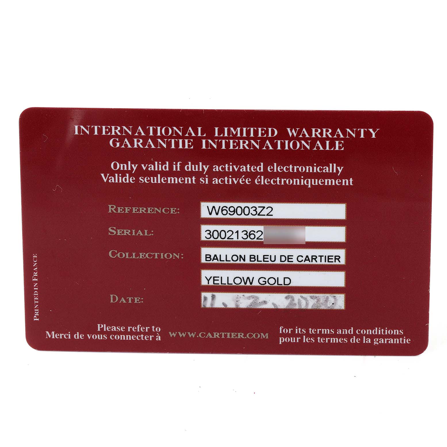 The image shows an international limited warranty card for the Ballon Bleu de Cartier watch, displaying reference, serial, collection, and date sections.