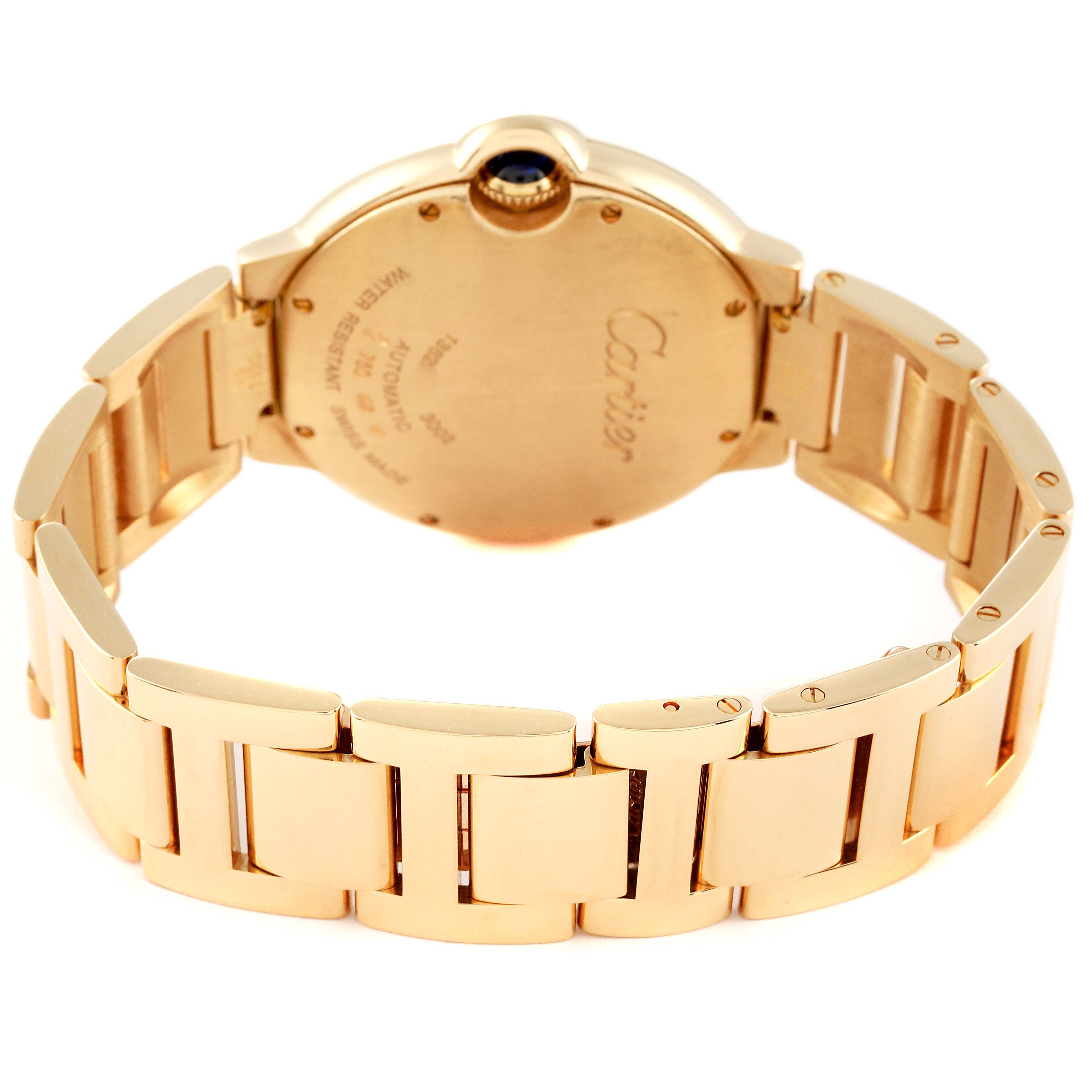 This image shows the back view of a Ballon Bleu watch by Cartier, highlighting its gold case and bracelet.
