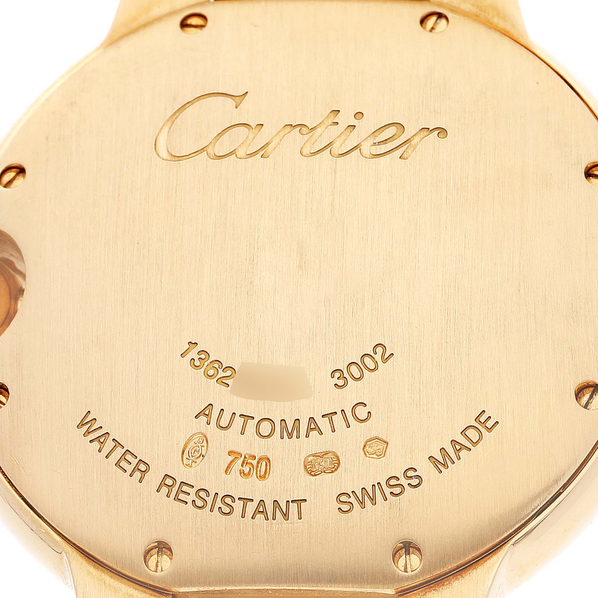 This image shows the back casing of a Cartier Ballon Bleu W69003Z2 Men's Yellow Gold Silver Dial W69003Z2 Men's Yellow Gold Silver Dial watch, highlighting the brand's name and specifications.