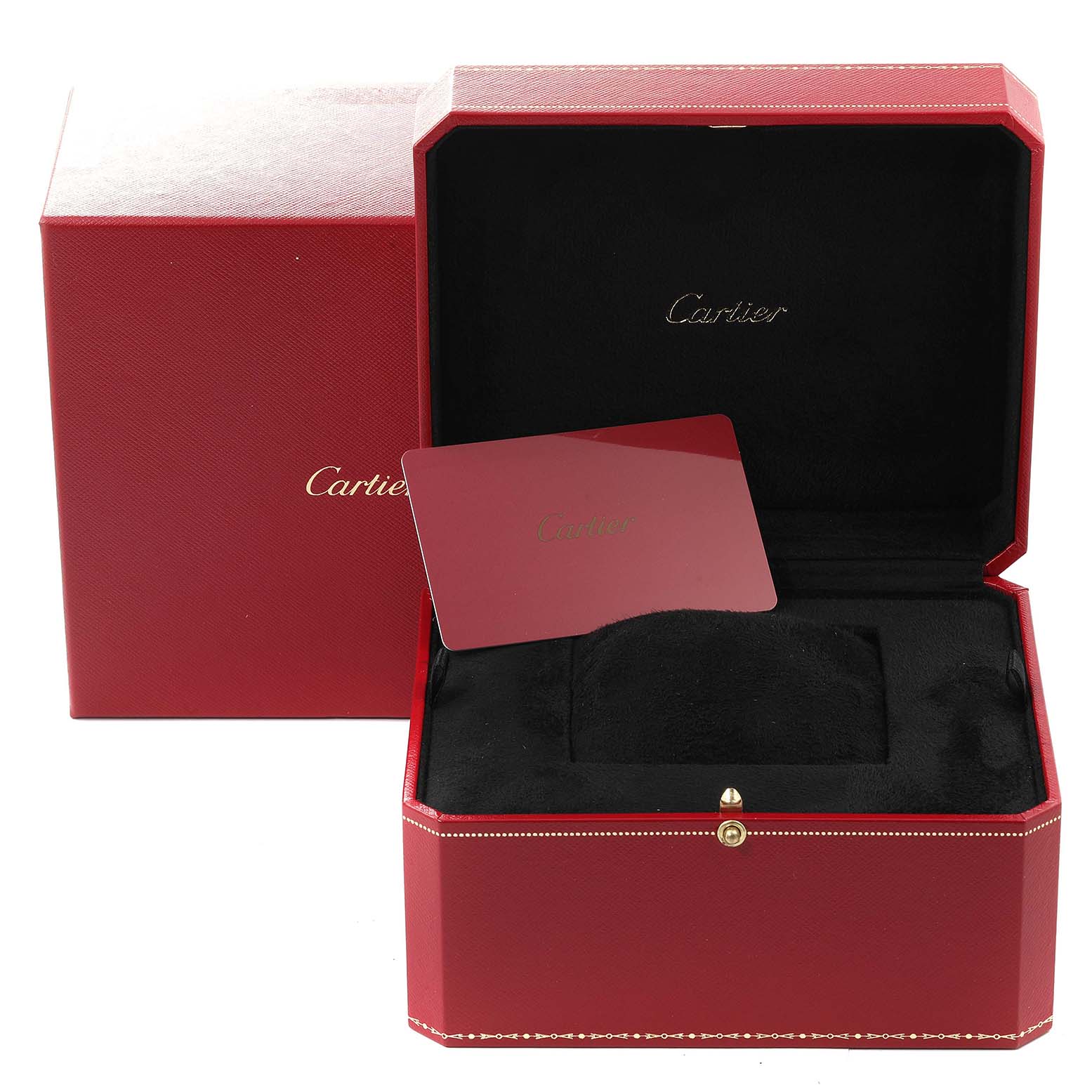 The image shows an open Cartier Ballon Bleu W69003Z2 Men's Yellow Gold Silver Dial W69003Z2 Men's Yellow Gold Silver Dial watch box at an angle, revealing a red card and black interior.