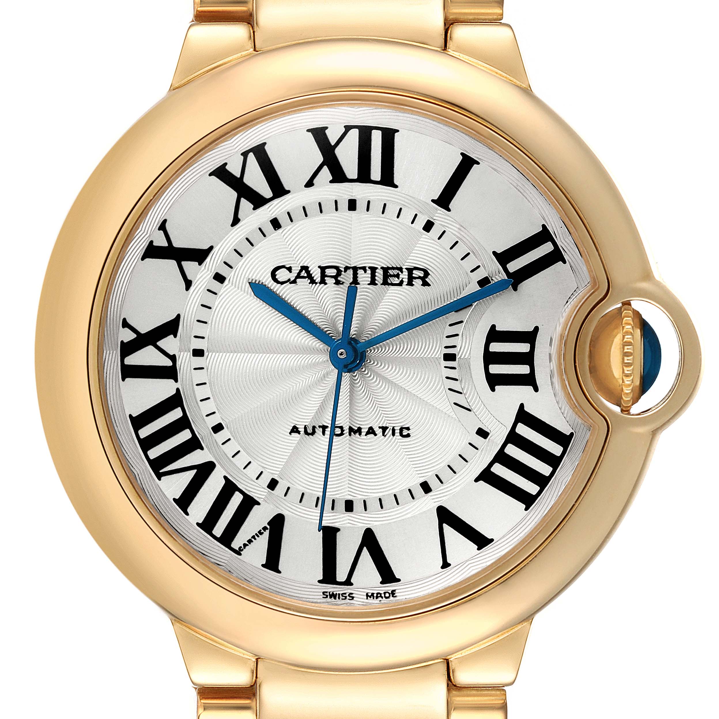 The image shows a front view of the Ballon Bleu de Cartier watch face, highlighting its bezel, dial, and crown.