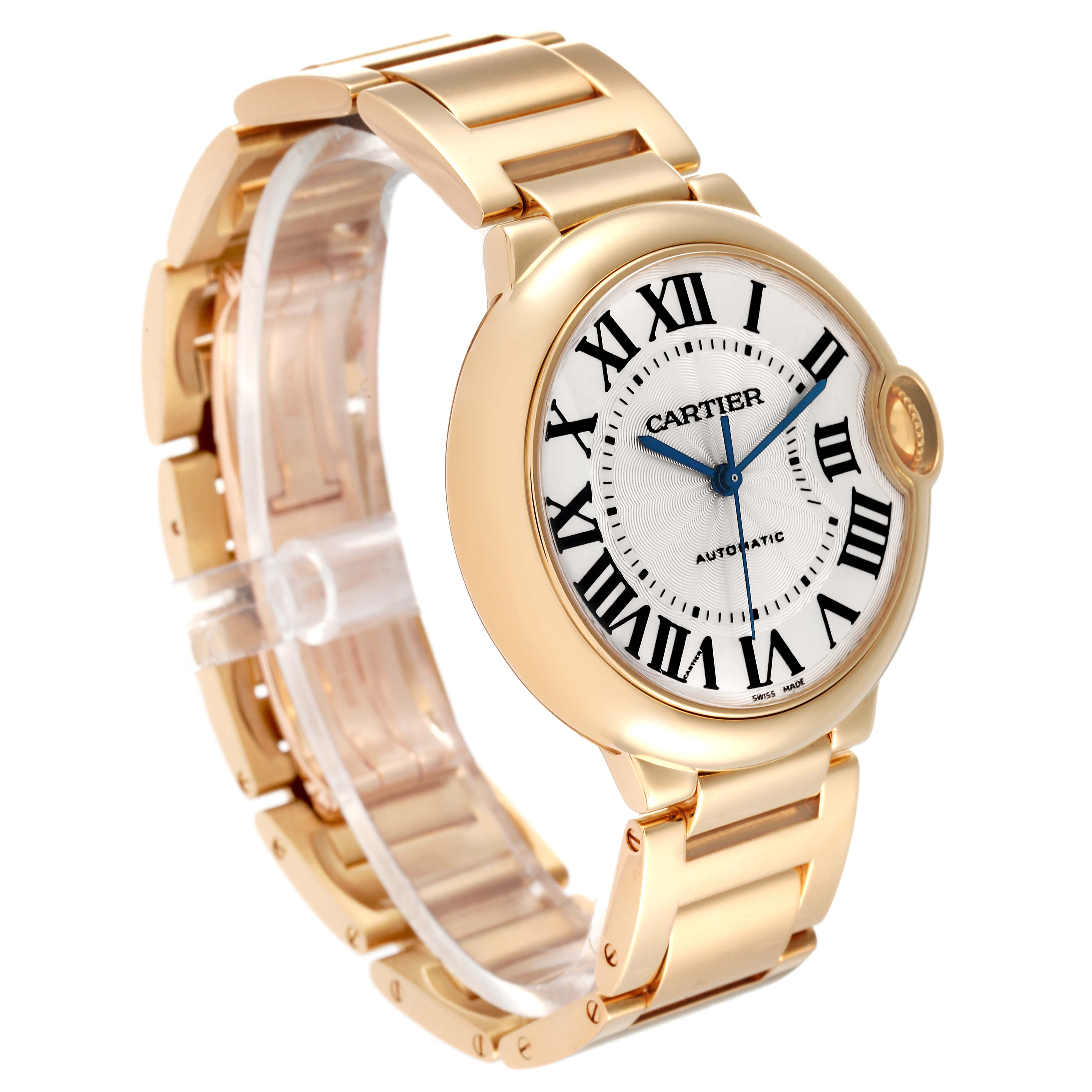 The image shows a Ballon Bleu de Cartier watch at a 3/4 angle, featuring the round dial, Roman numerals, and metal bracelet.