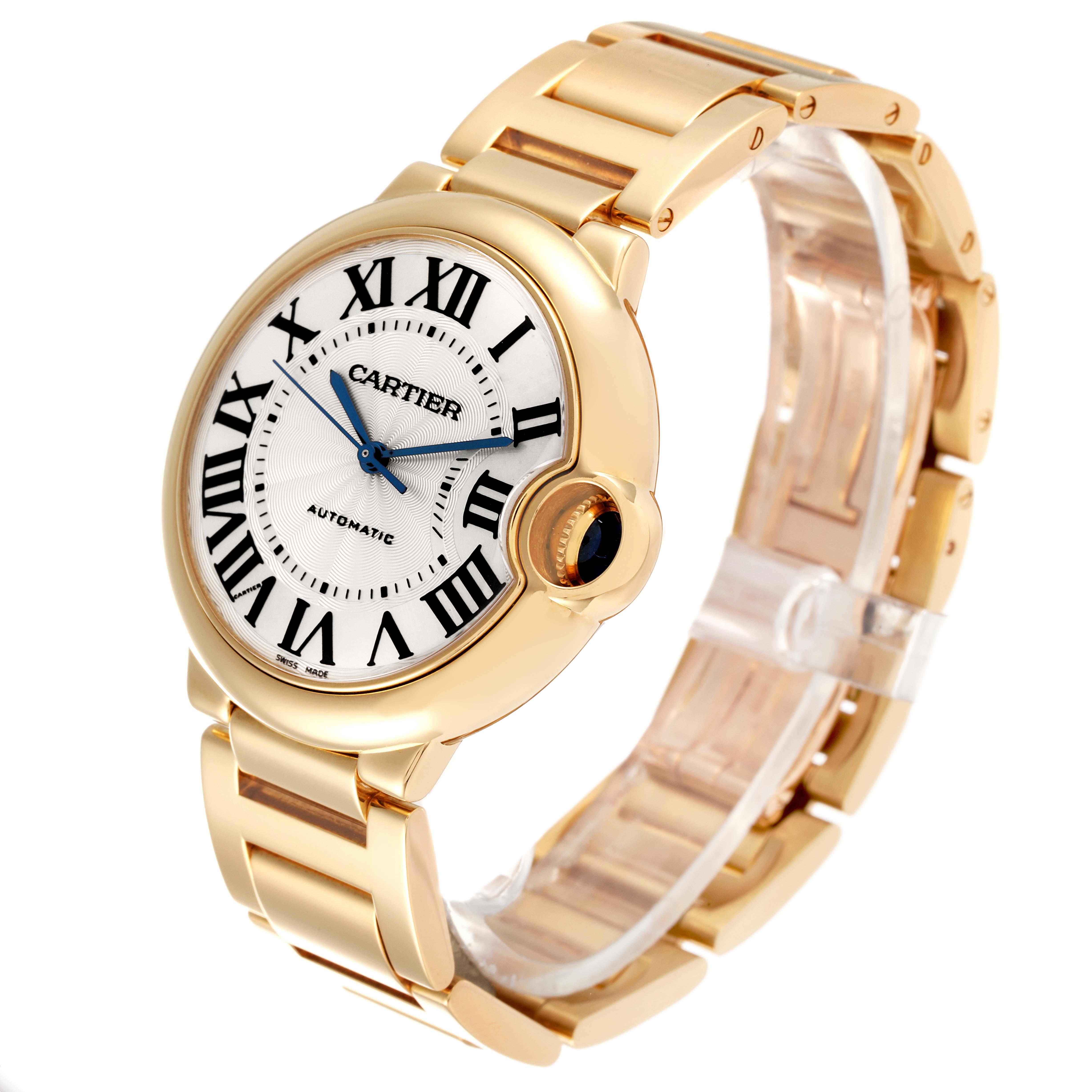 The Cartier Ballon Bleu W69003Z2 Men's Yellow Gold Silver Dial W69003Z2 Men's Yellow Gold Silver Dial watch is shown at a three-quarter angle, displaying the face, crown, and bracelet.