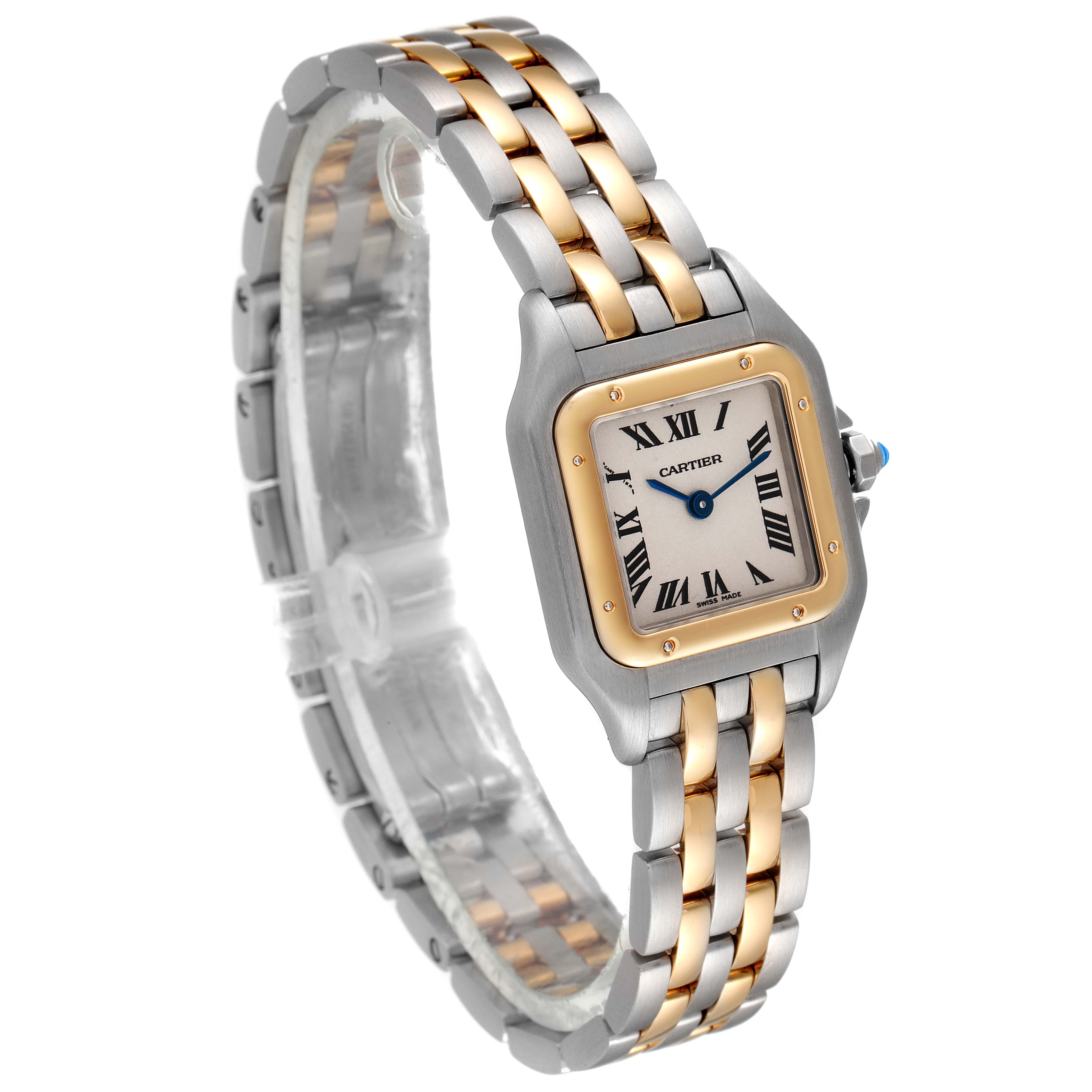The image displays a Cartier Panthere W25029B6 Women
s Steel and Gold (two tone) Silver Dial W25029B6 Women
s Steel and Gold (two tone) Silver Dial watch at an angled view, showing its two-tone metal band and square face with Roman numerals.