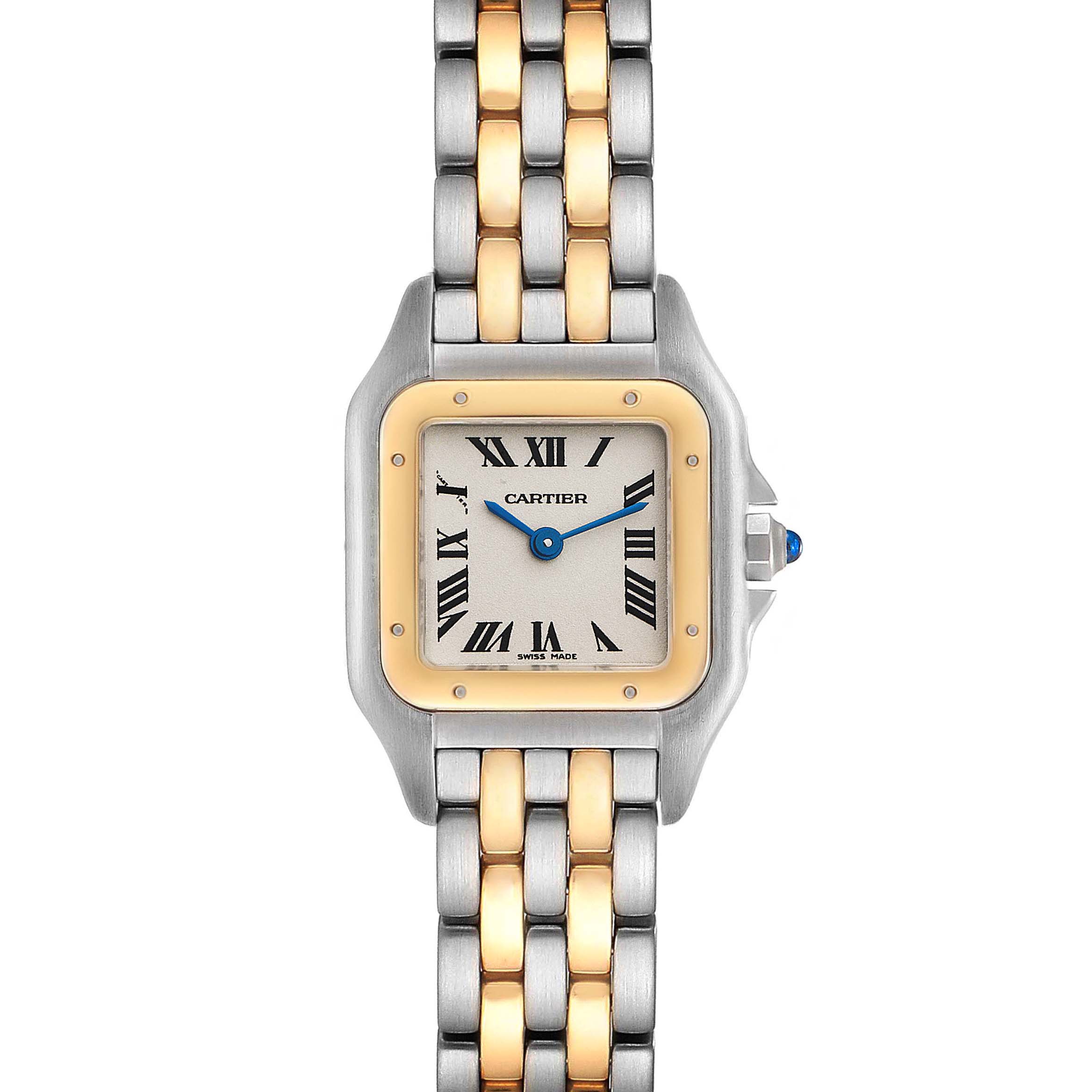 The image displays a frontal view of the Cartier Panthere W25029B6 Women
s Steel and Gold (two tone) Silver Dial W25029B6 Women
s Steel and Gold (two tone) Silver Dial model watch, showing its face, bezel, and part of its two-tone bracelet.