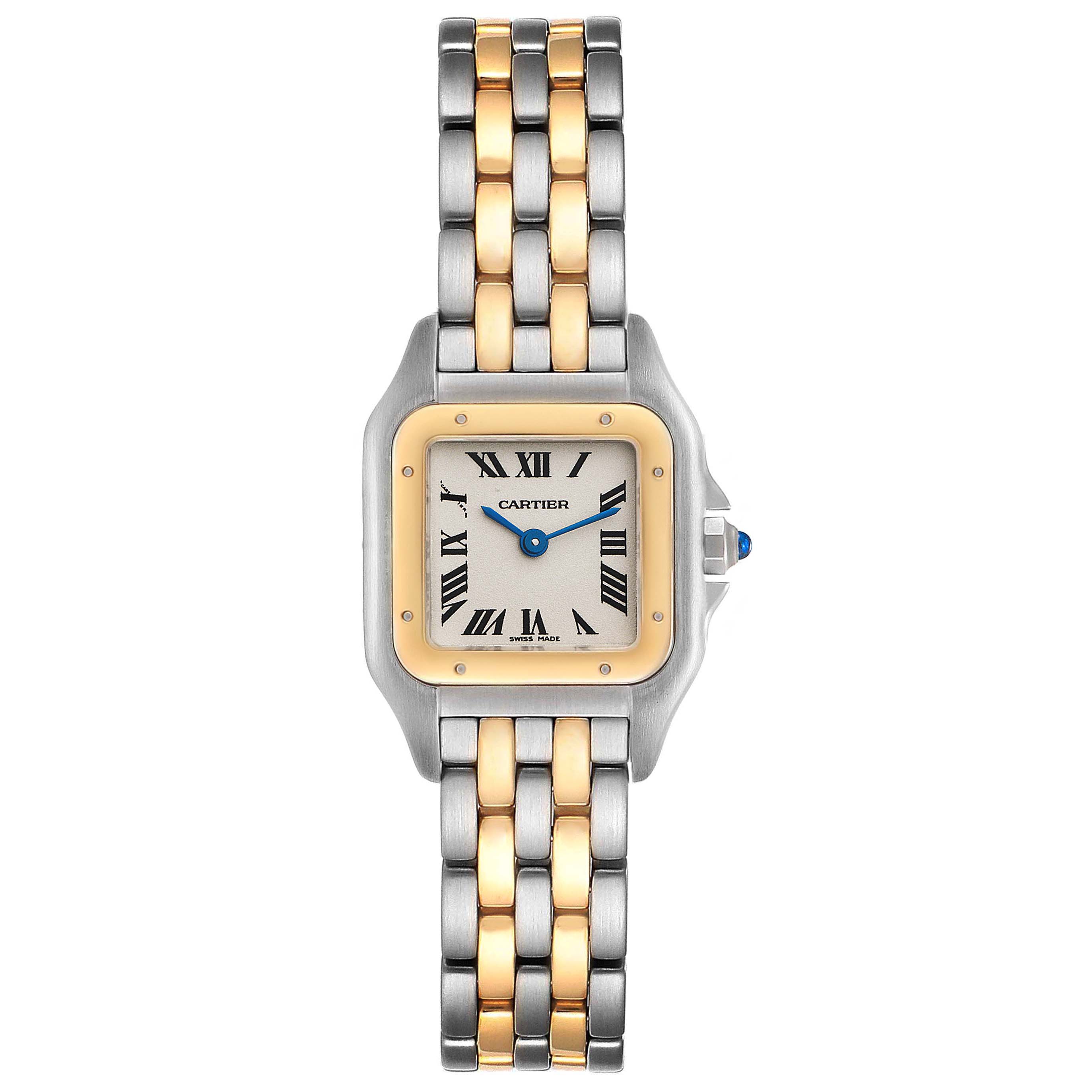 The image shows a Cartier Panthere W25029B6 Women
s Steel and Gold (two tone) Silver Dial W25029B6 Women
s Steel and Gold (two tone) Silver Dial model watch from a straight-on angle, highlighting its face and metallic two-tone bracelet.
