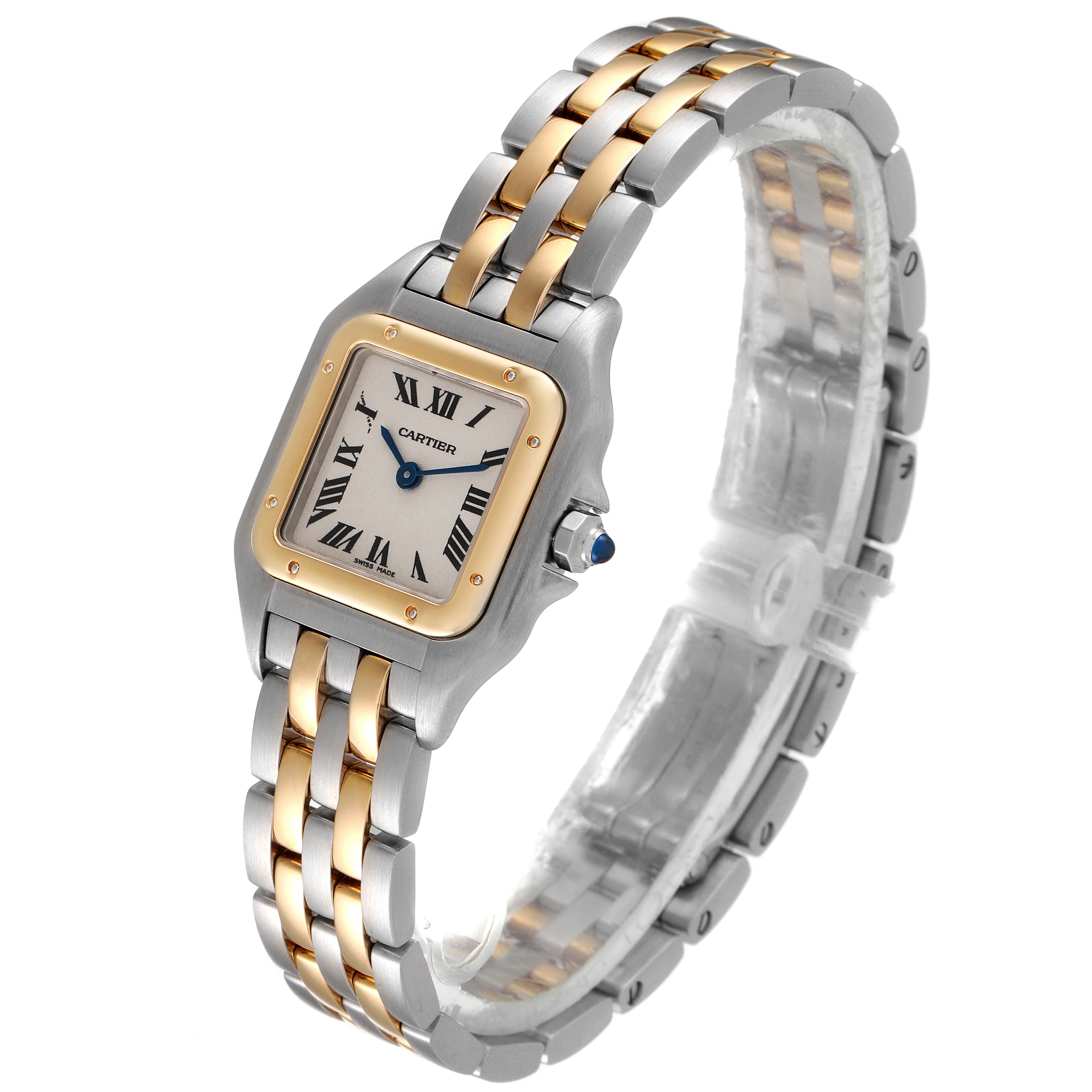 The image shows a Cartier Panthere W25029B6 Women
s Steel and Gold (two tone) Silver Dial W25029B6 Women
s Steel and Gold (two tone) Silver Dial model watch at a three-quarter angle, highlighting its two-tone band and square face.