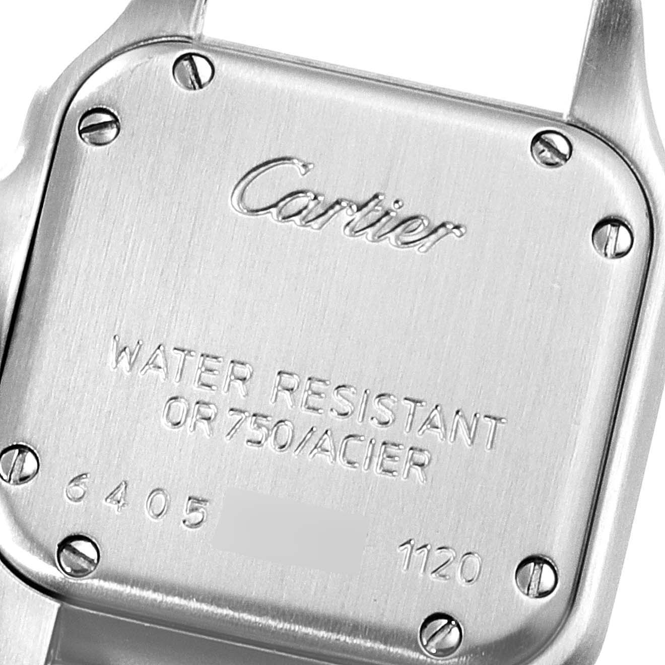The image shows the back of the Panthere watch by Cartier at a close-up angle, highlighting the engraved brand name, water resistance marking, and screws.
