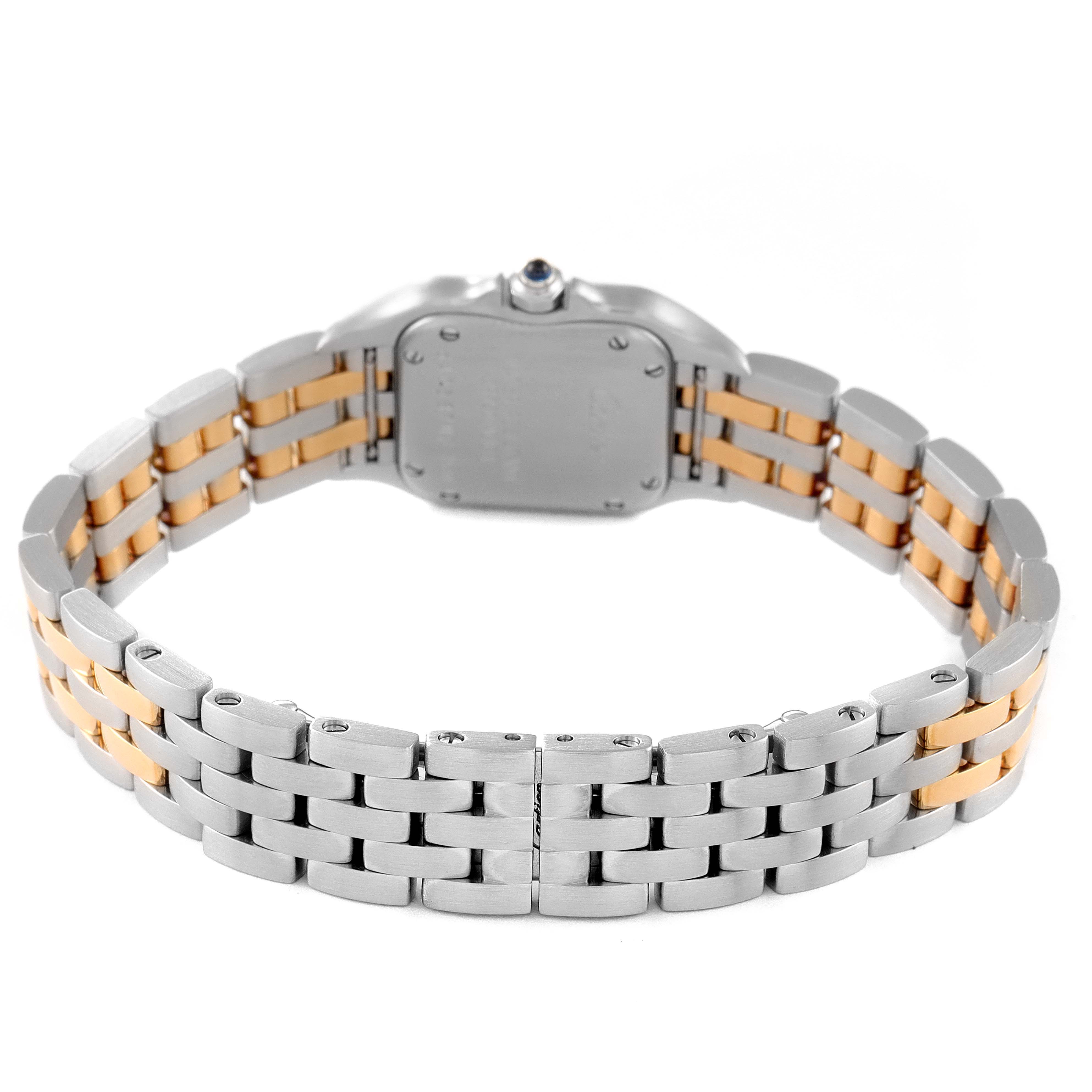 The image shows the back view of a Cartier Panthere W25029B6 Women
s Steel and Gold (two tone) Silver Dial W25029B6 Women
s Steel and Gold (two tone) Silver Dial model watch, highlighting its two-tone metal band and clasp.