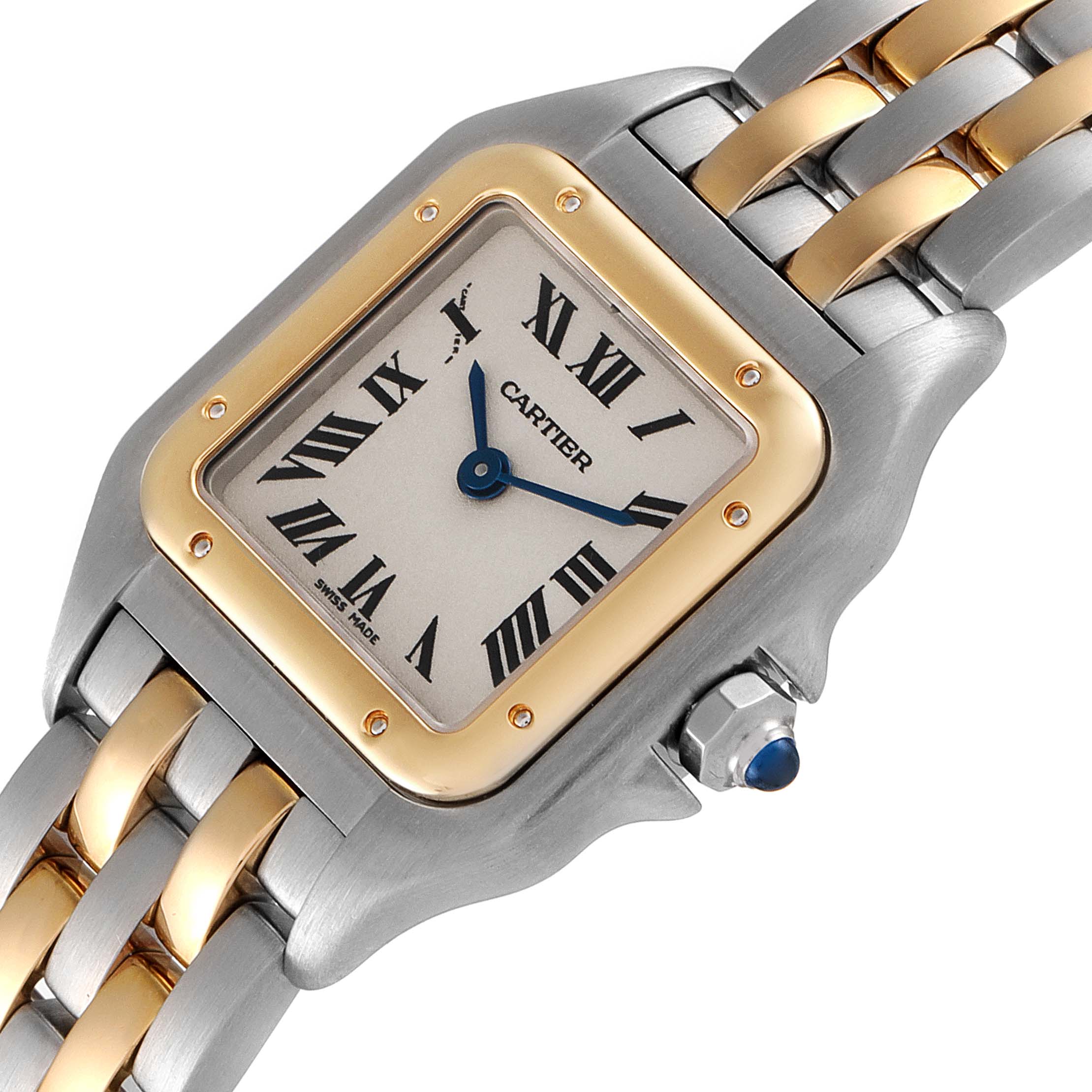 The image shows a close-up, front view of the Cartier Panthere W25029B6 Women
s Steel and Gold (two tone) Silver Dial W25029B6 Women
s Steel and Gold (two tone) Silver Dial watch, focusing on the dial, bezel, and part of the bracelet.