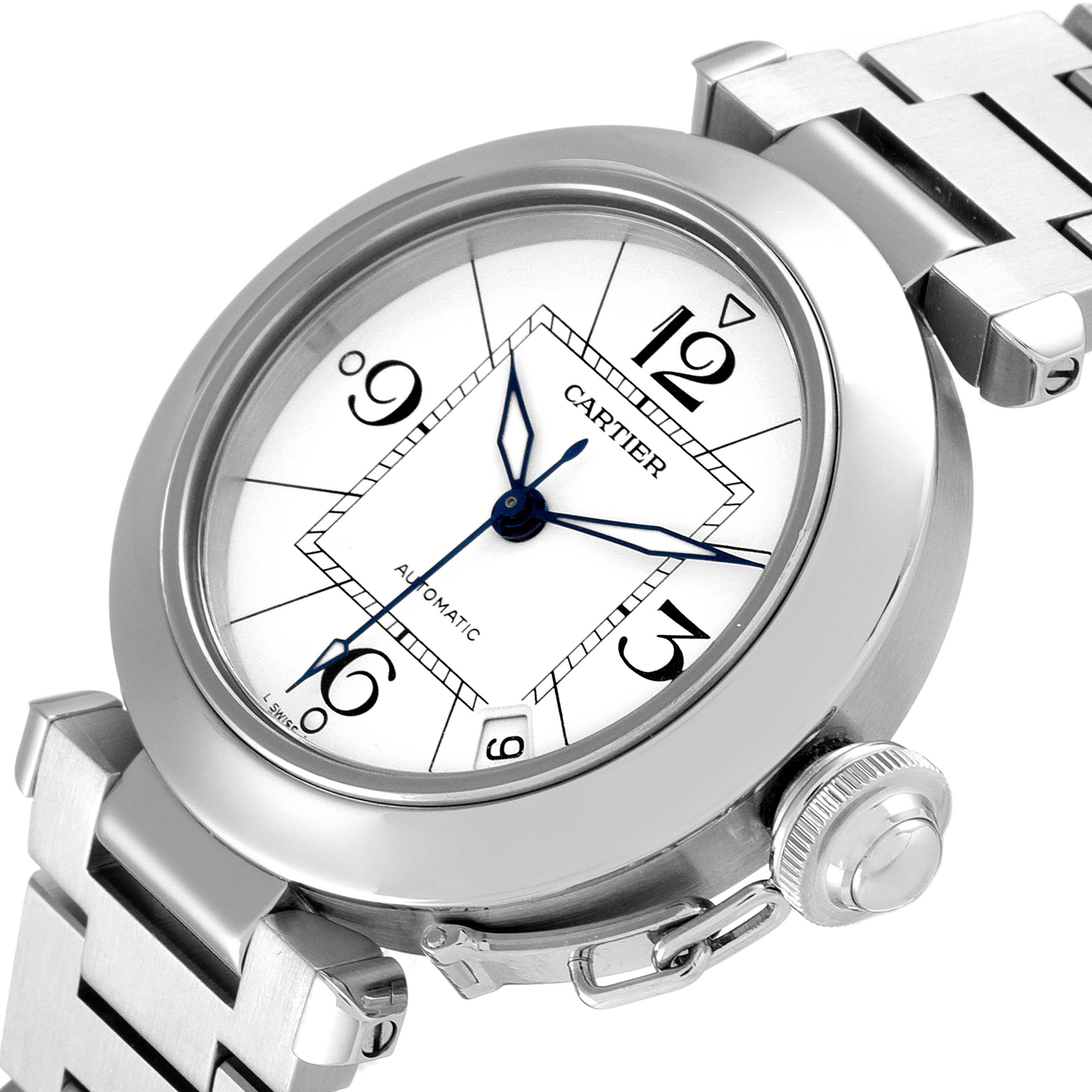 The image shows a close-up of the Cartier Pasha W31074M7 Women's Stainless Steel White Dial W31074M7 Women's Stainless Steel White Dial watch's dial, crown, and part of the bracelet at an angled view.