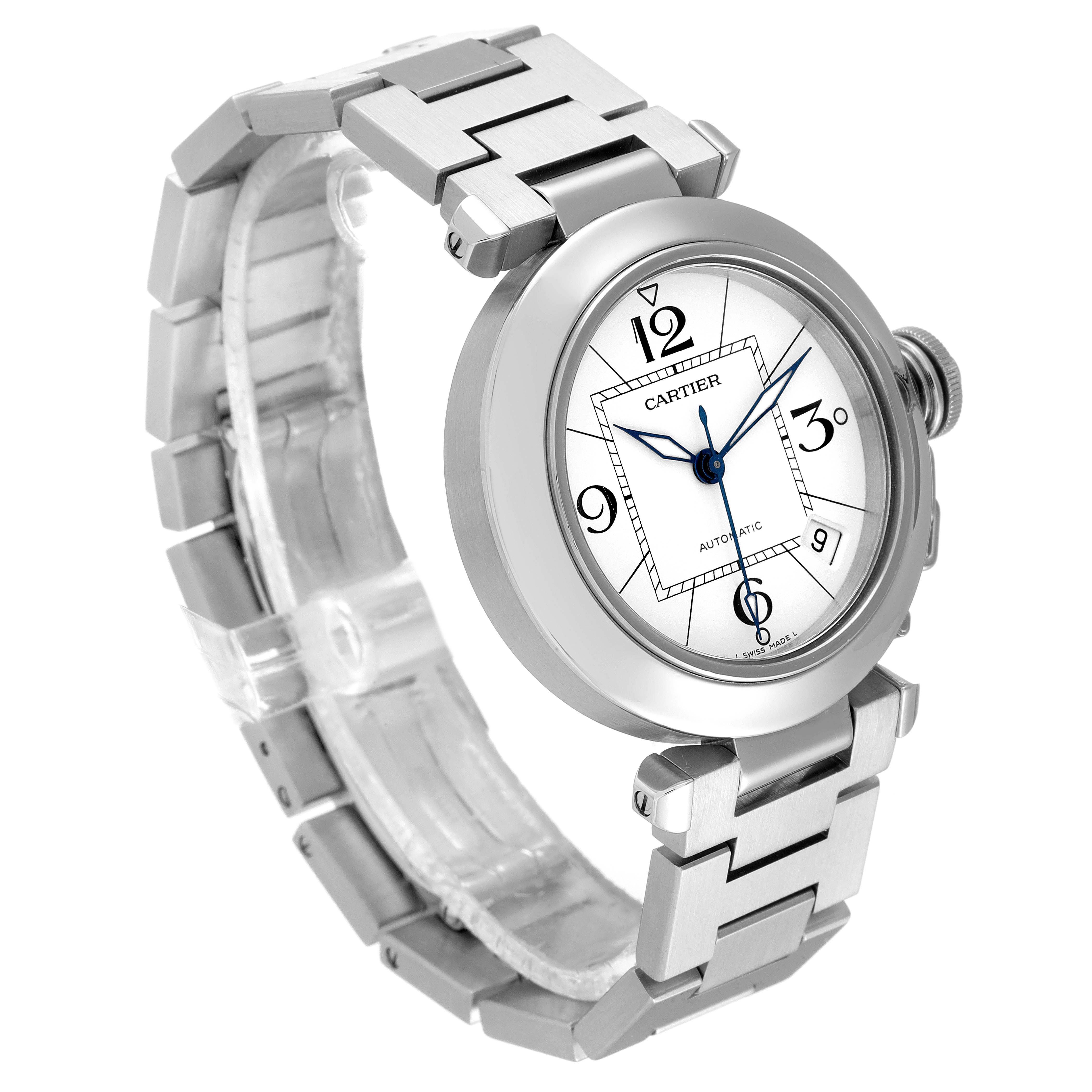 The image shows a side-angle view of the Cartier Pasha W31074M7 Women's Stainless Steel White Dial W31074M7 Women's Stainless Steel White Dial watch displaying its dial, bezel, and bracelet.