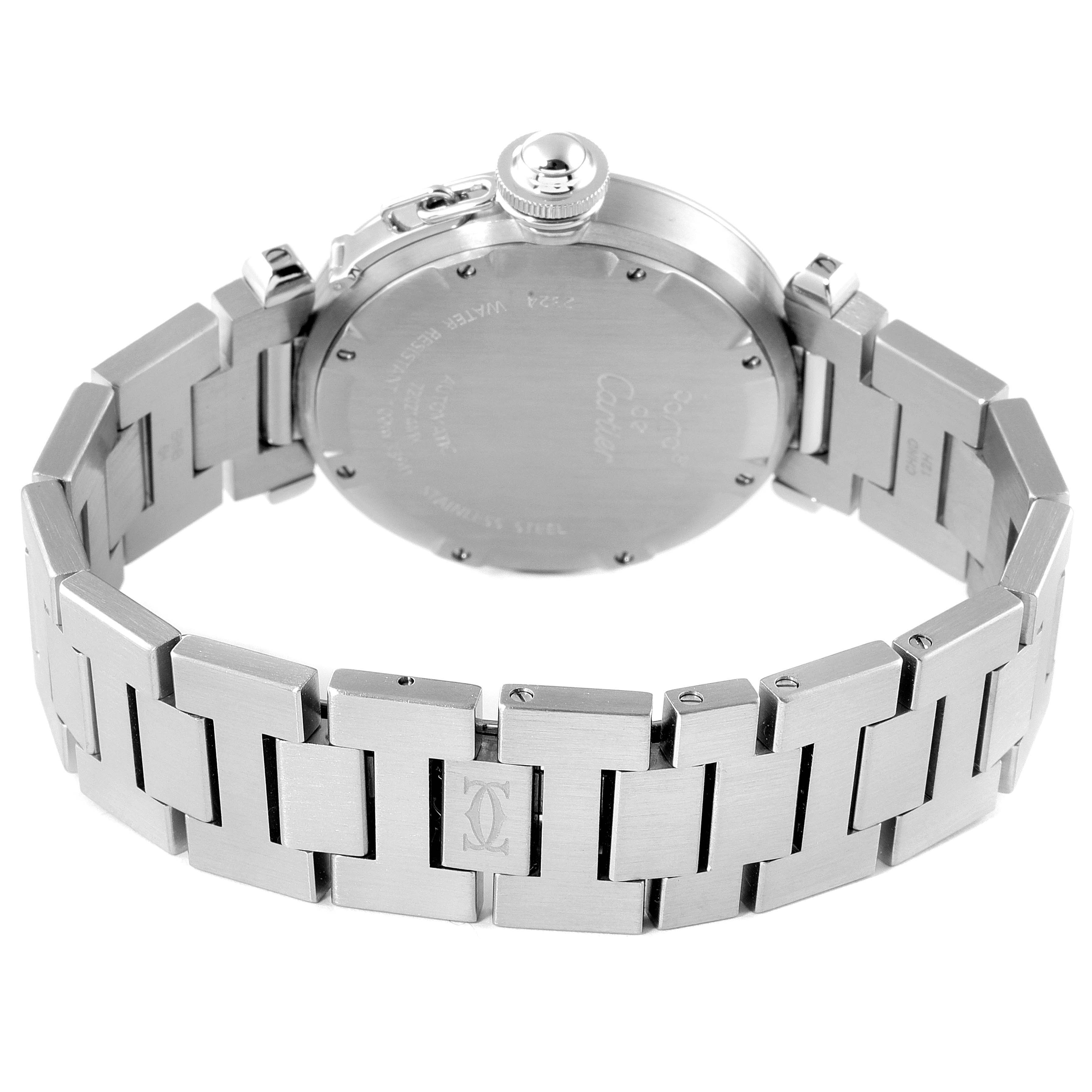 This image shows the back view of the Cartier Pasha W31074M7 Women's Stainless Steel White Dial W31074M7 Women's Stainless Steel White Dial watch, highlighting its stainless steel case and bracelet.