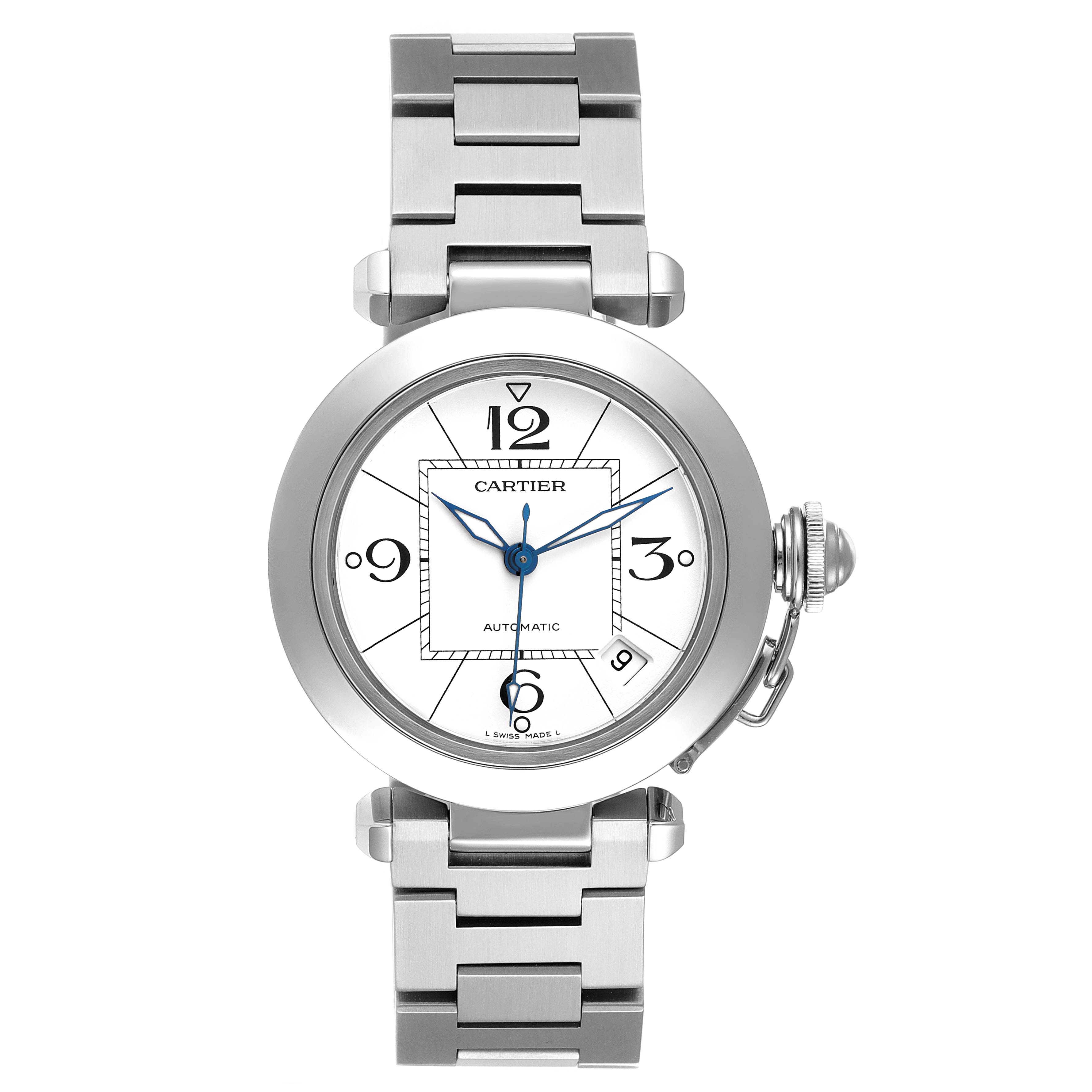 The image shows a front view of the Cartier Pasha W31074M7 Women's Stainless Steel White Dial W31074M7 Women's Stainless Steel White Dial watch, displaying its round dial, bracelet, and distinctive crown guard.