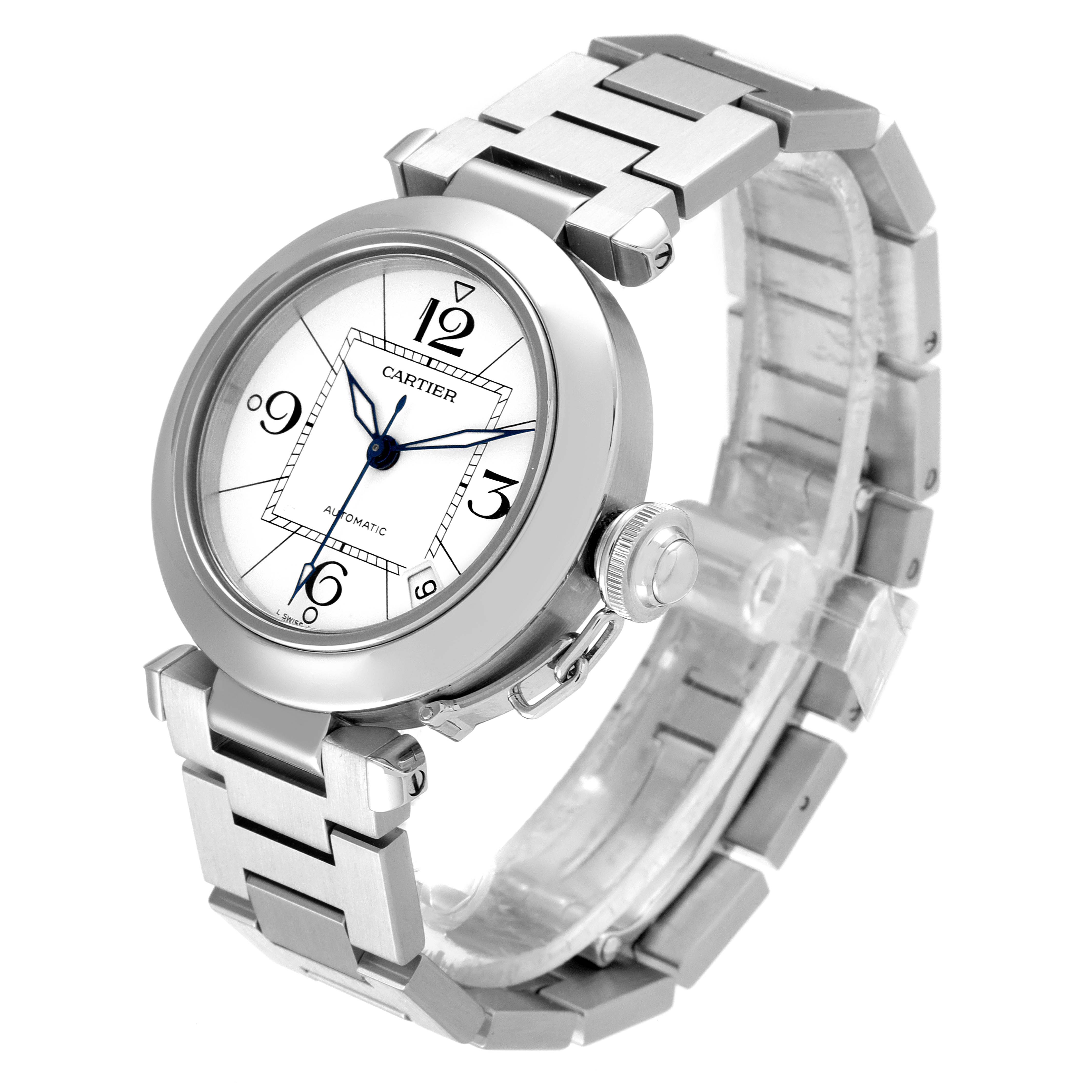 The image shows a Cartier Pasha W31074M7 Women's Stainless Steel White Dial W31074M7 Women's Stainless Steel White Dial watch at a slight frontal angle, highlighting its dial, bezel, crown, and stainless steel bracelet.