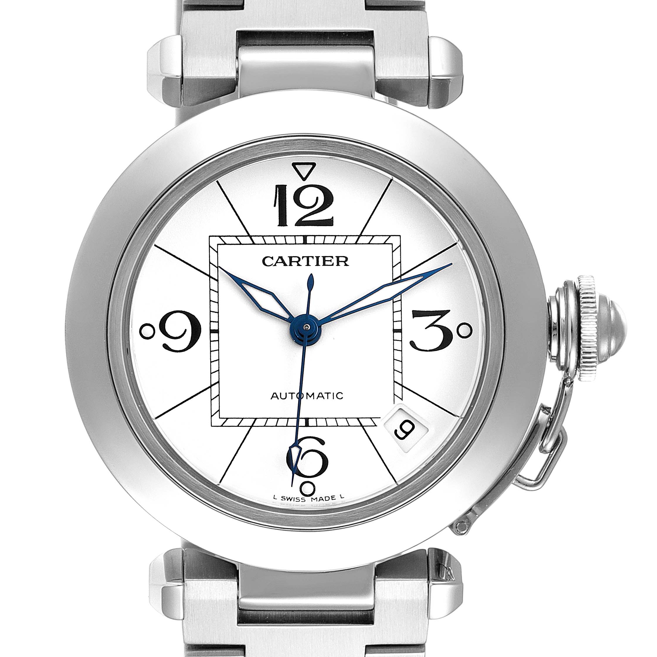This image shows a front view of the Cartier Pasha W31074M7 Men's Stainless Steel White Dial W31074M7 Men's Stainless Steel White Dial watch, highlighting the dial and crown.