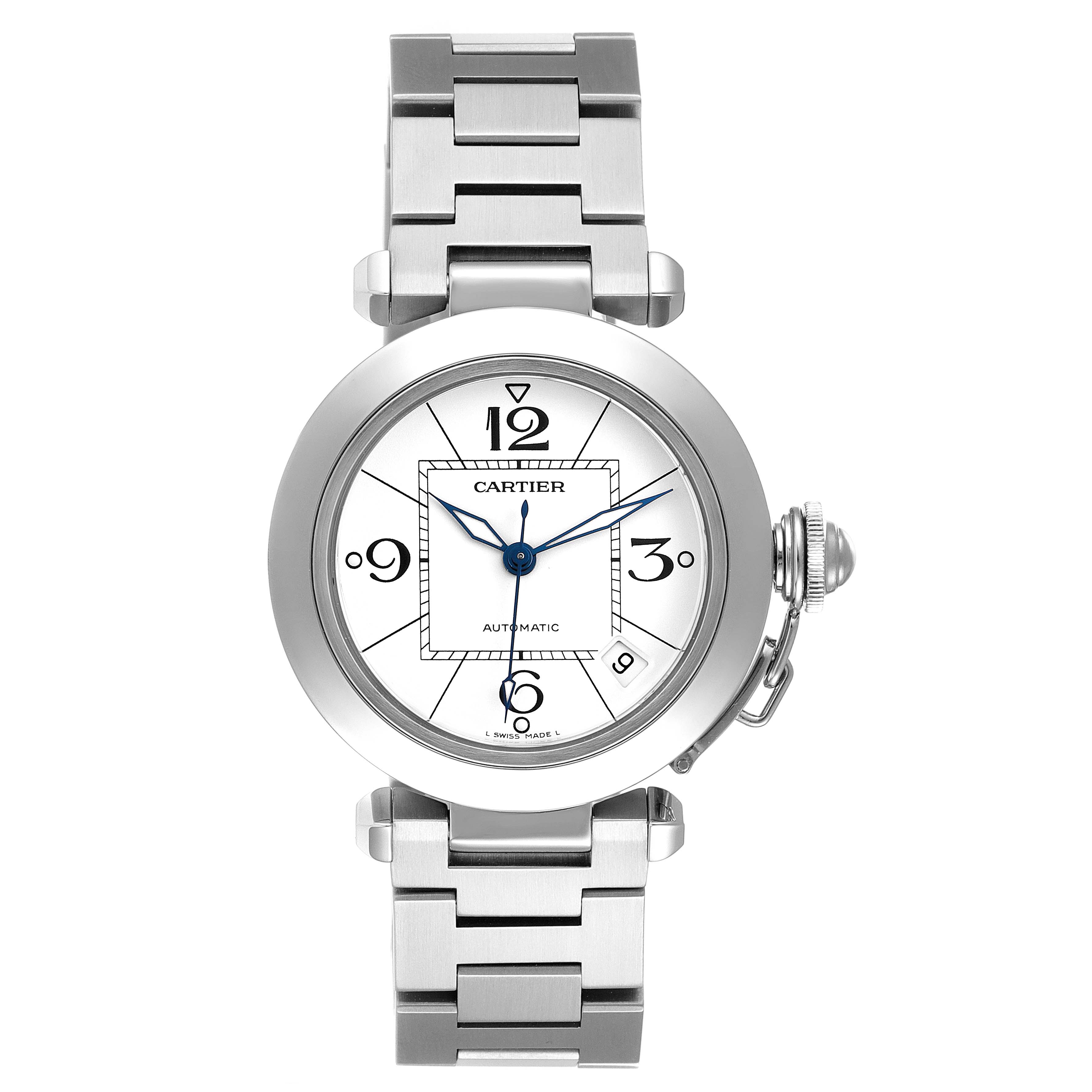 This image shows a front view of the Cartier Pasha W31074M7 Men's Stainless Steel White Dial W31074M7 Men's Stainless Steel White Dial watch, displaying its face, bezel, and bracelet.