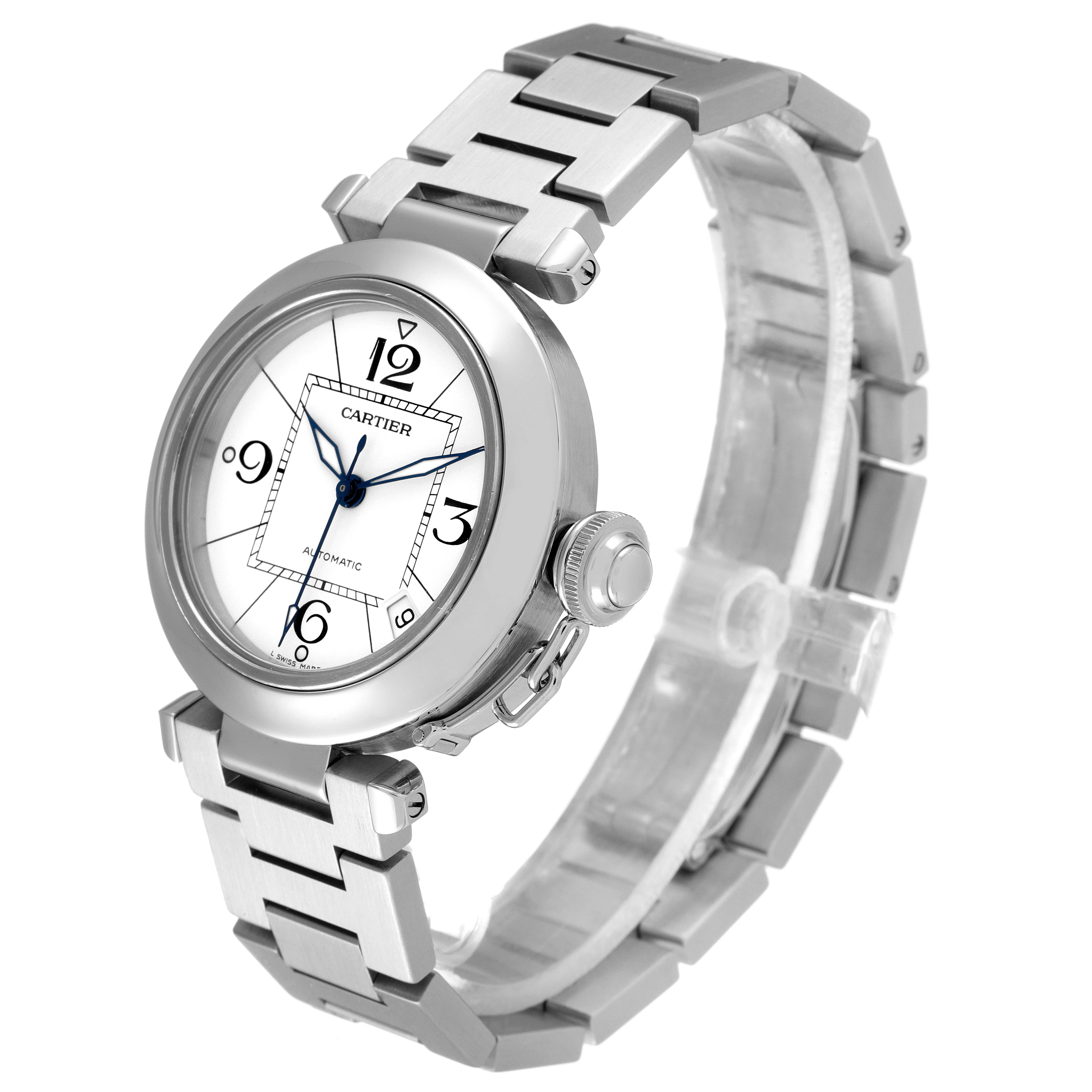 The image shows a Cartier Pasha W31074M7 Men's Stainless Steel White Dial W31074M7 Men's Stainless Steel White Dial watch at a three-quarter angle, highlighting its face, bezel, and metal bracelet.