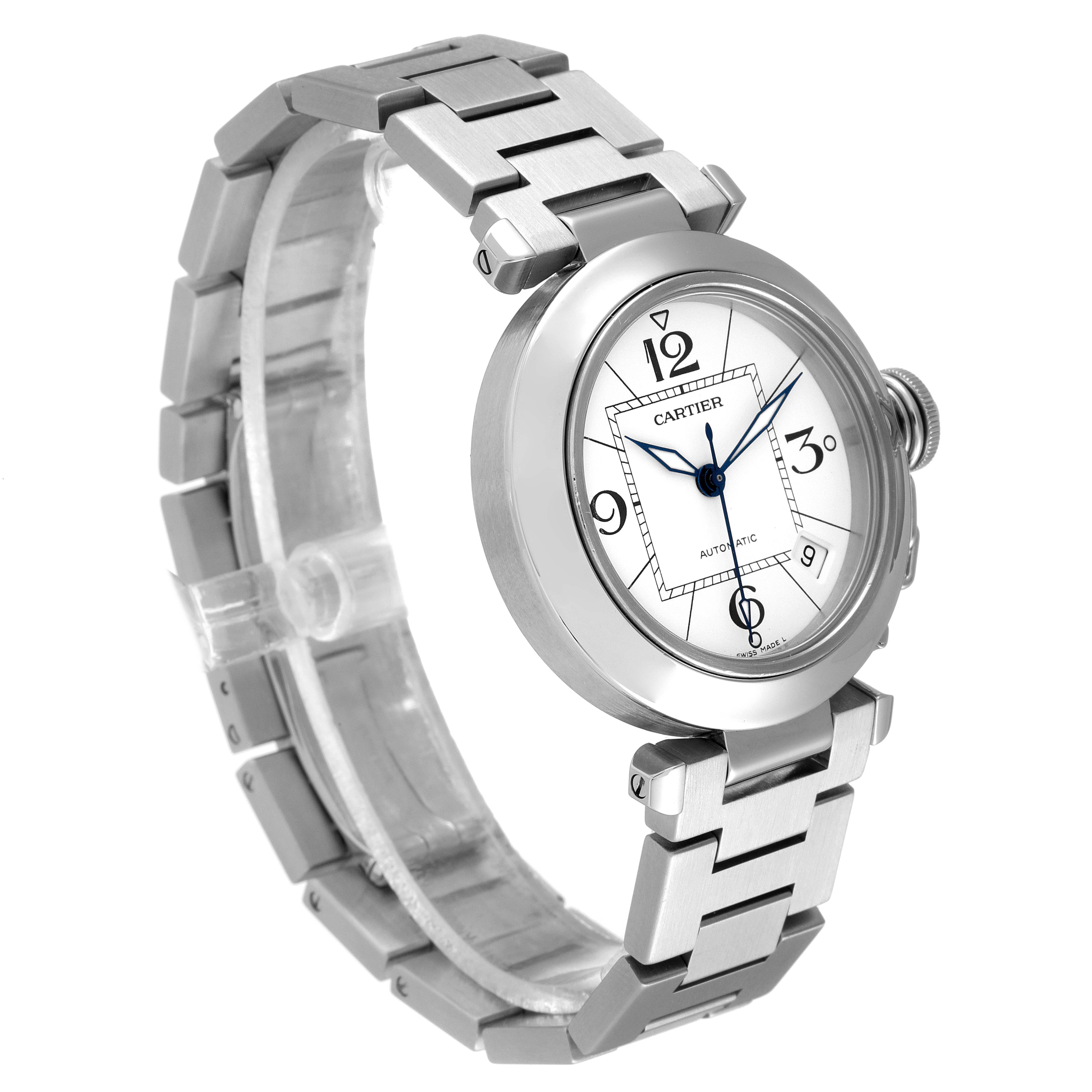 The image shows a Cartier Pasha W31074M7 Men's Stainless Steel White Dial W31074M7 Men's Stainless Steel White Dial watch at an angled side view highlighting its bracelet and watch face.