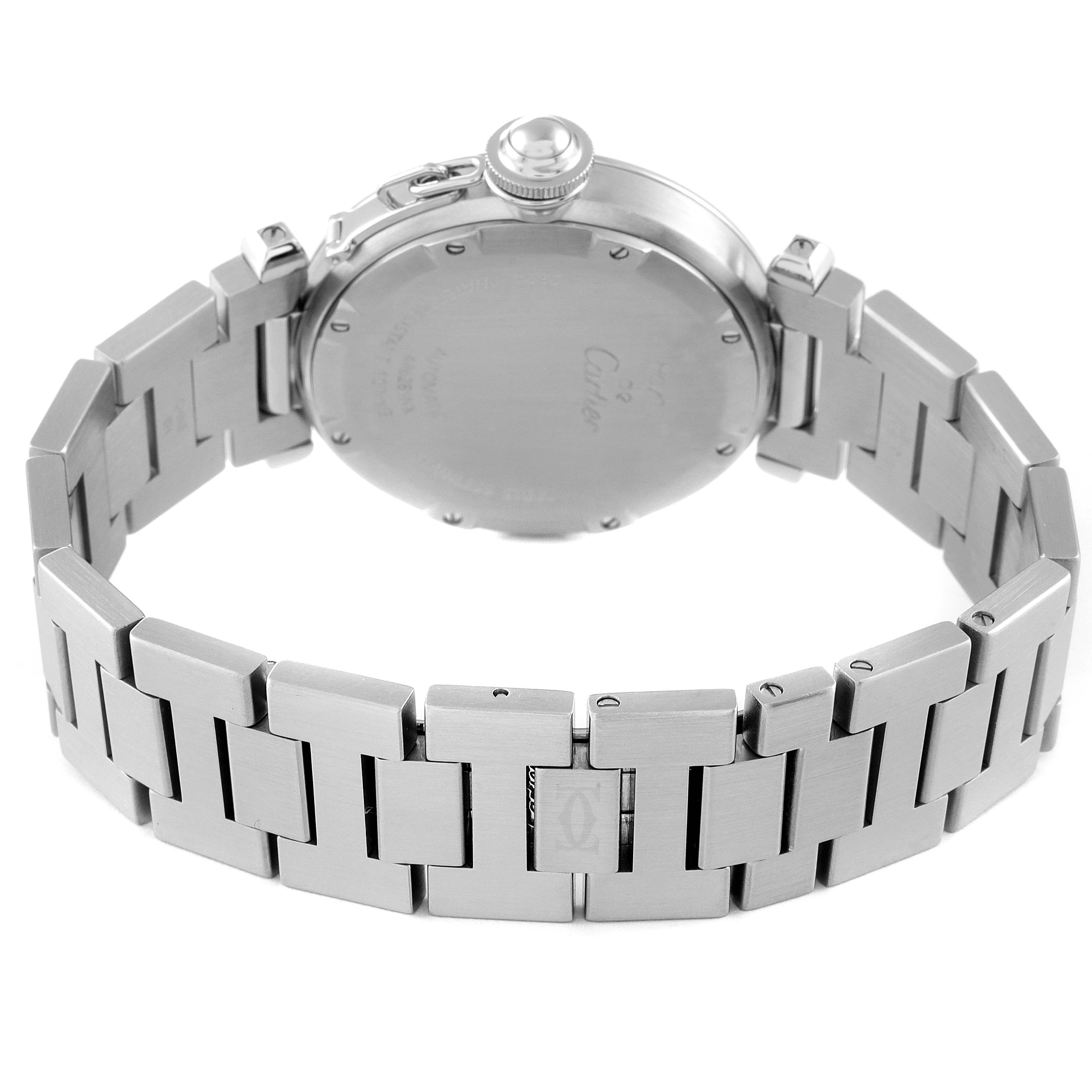 This image shows the back and bracelet of a Cartier Pasha W31074M7 Men's Stainless Steel White Dial W31074M7 Men's Stainless Steel White Dial watch at a slight angle from the rear.