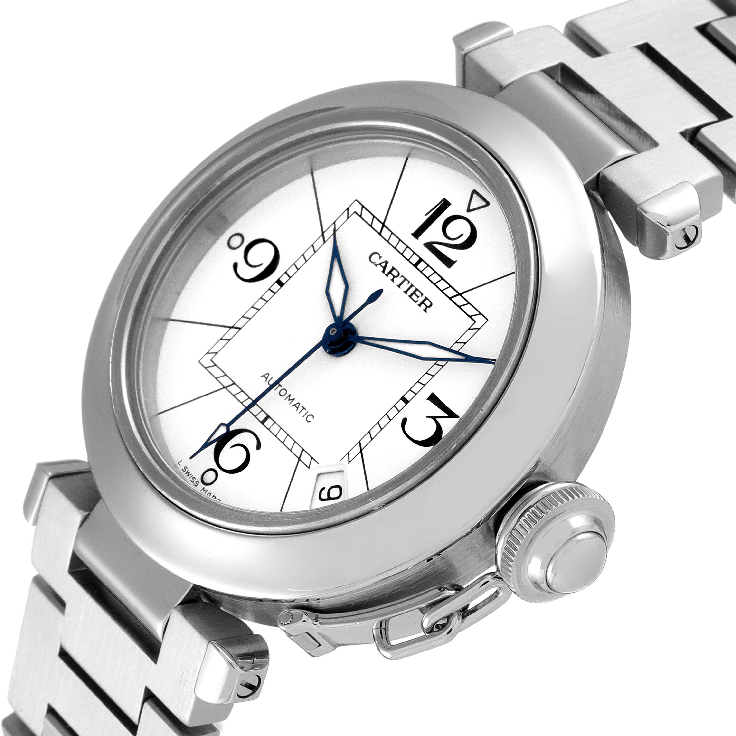 The Cartier Pasha W31074M7 Men's Stainless Steel White Dial W31074M7 Men's Stainless Steel White Dial watch is shown at a slight angle, displaying the face, crown, and part of the bracelet.