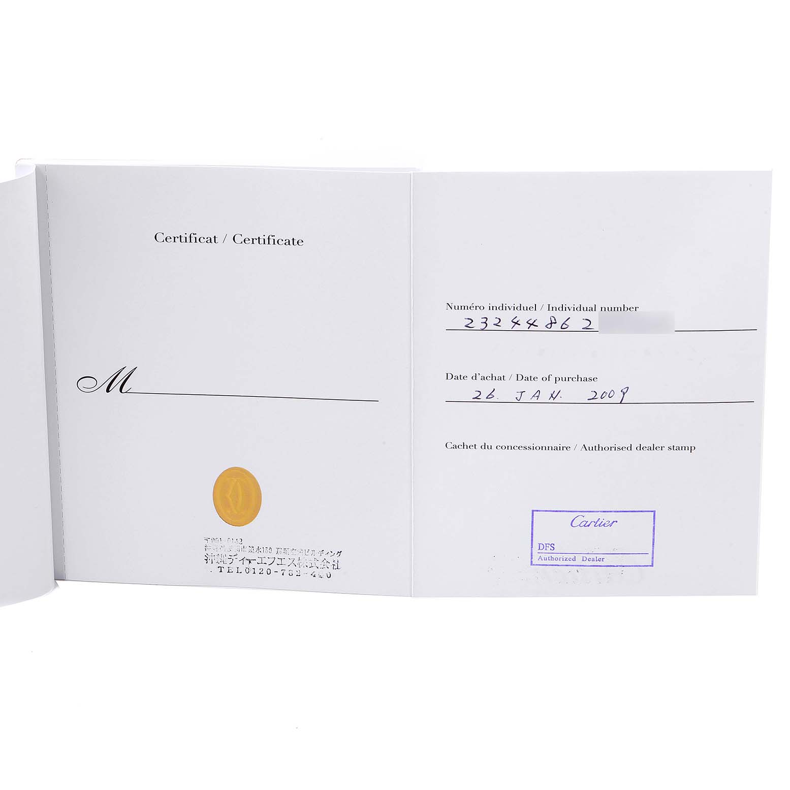 This is an open certificate booklet for a Cartier Pasha W31074M7 Men's Stainless Steel White Dial W31074M7 Men's Stainless Steel White Dial watch, displaying the individual number, purchase date, and dealer stamp.