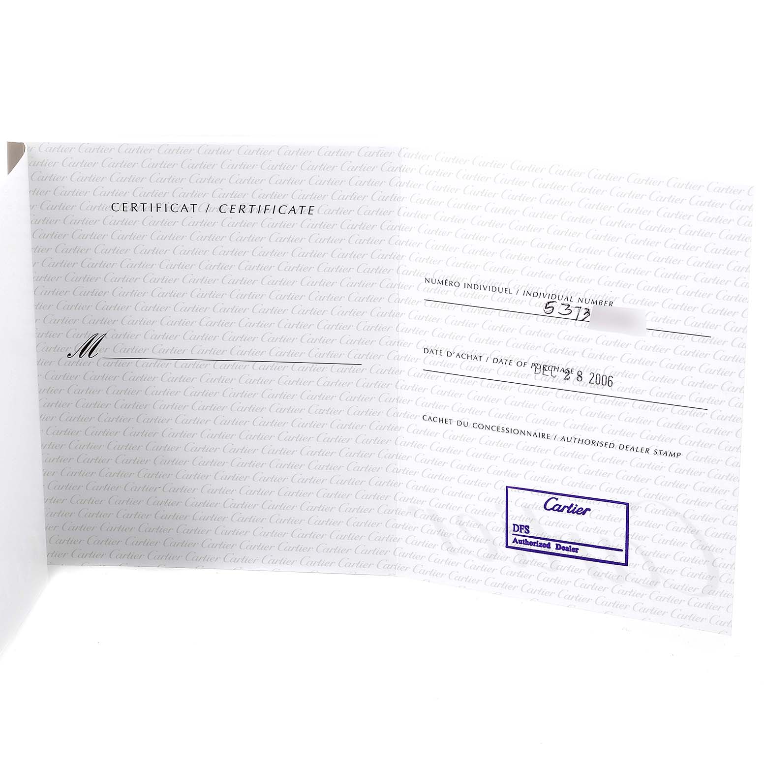 This image shows the warranty certificate for a Cartier Pasha W31077U2 Men's Stainless Steel Black Dial W31077U2 Men's Stainless Steel Black Dial watch, with details like purchase date and dealer stamp visible.