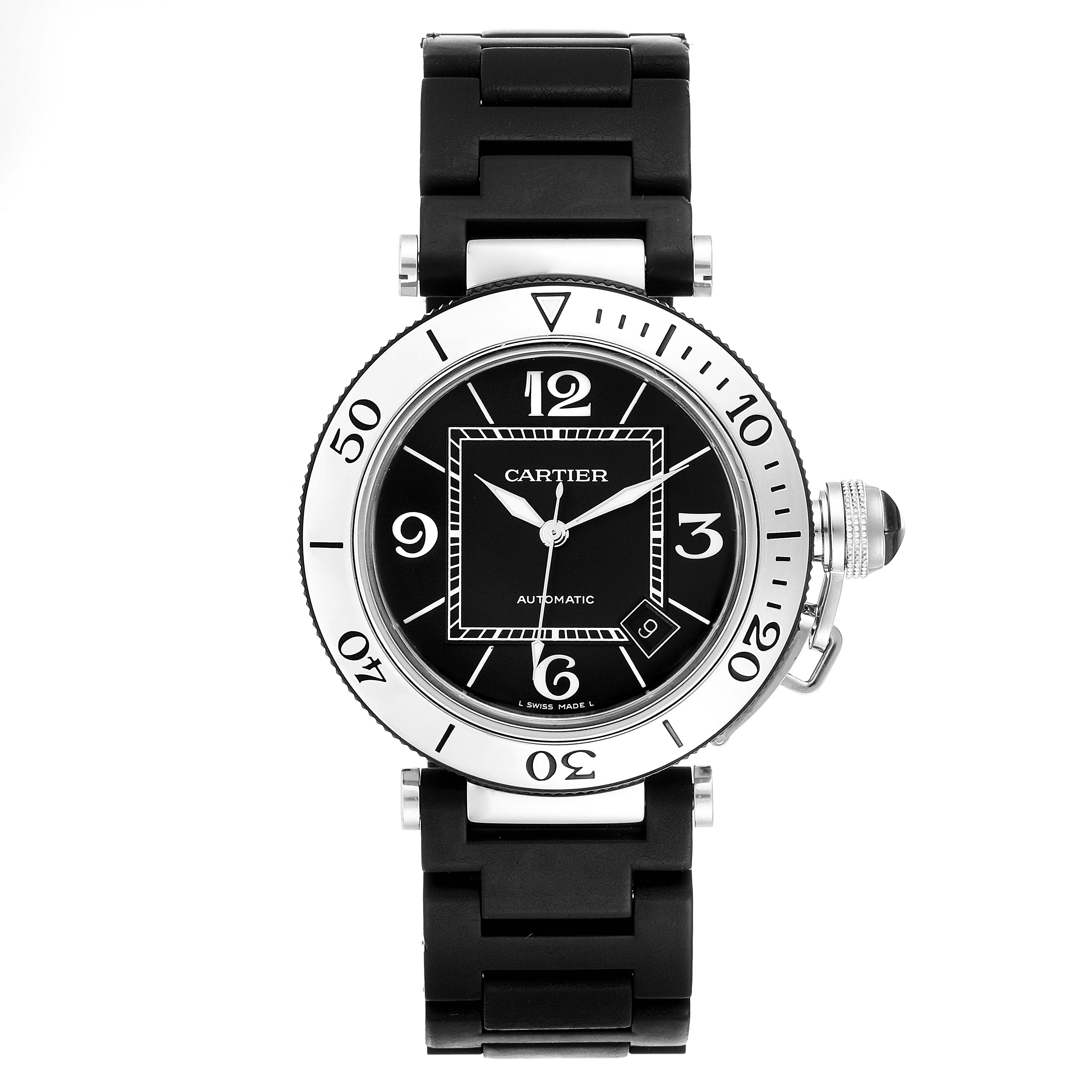 The image shows a front view of the Cartier Pasha W31077U2 Men's Stainless Steel Black Dial W31077U2 Men's Stainless Steel Black Dial model watch with a black dial and a black strap.