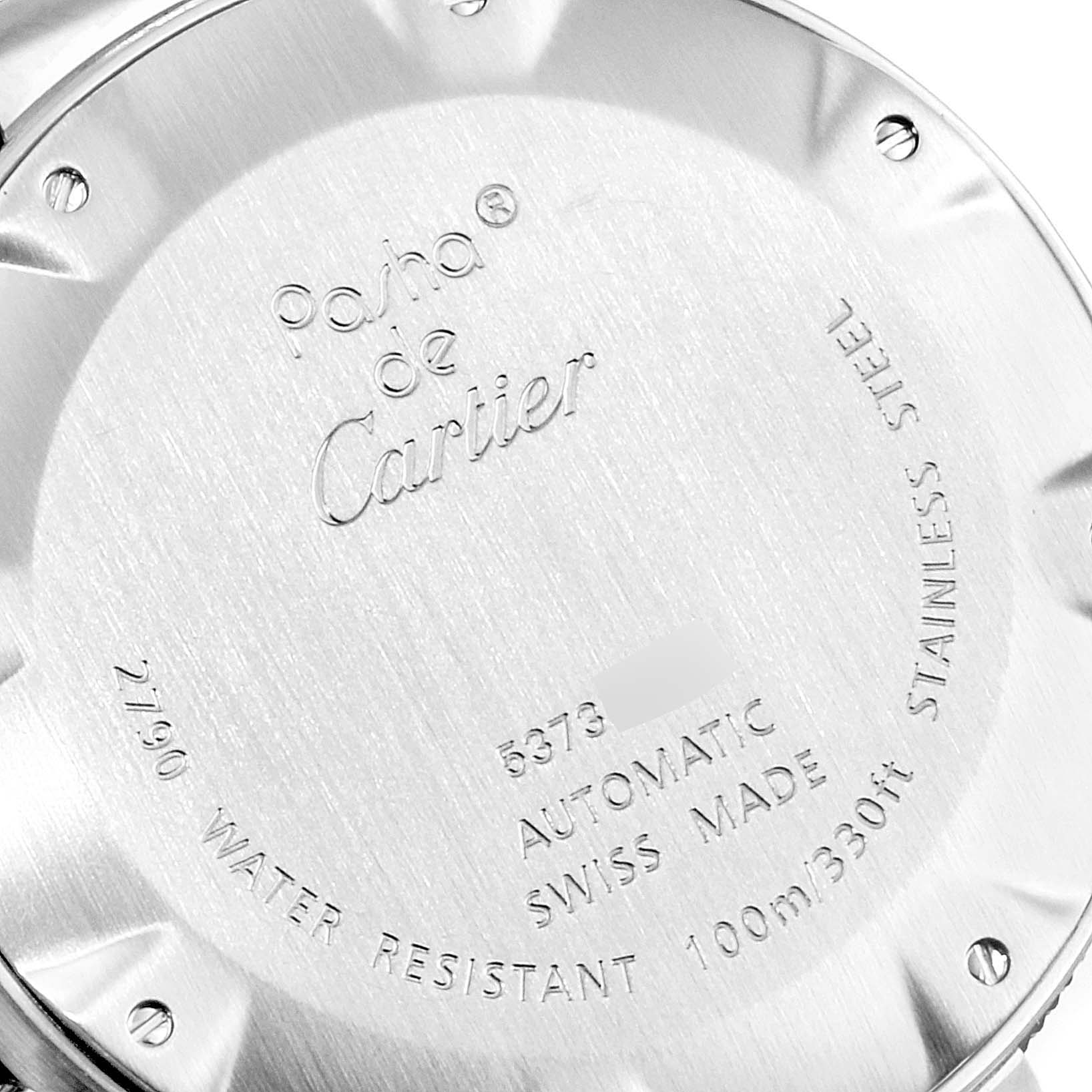 This is a close-up of the case back of a Cartier Pasha W31077U2 Men's Stainless Steel Black Dial W31077U2 Men's Stainless Steel Black Dial watch, displaying the model and specifications.